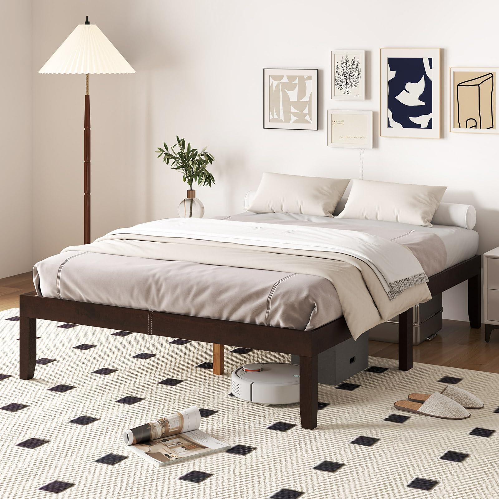 Wood Platform Bed Frame, 14 Inches Wooden Mattress Foundation with Solid Rubber Wood Legs