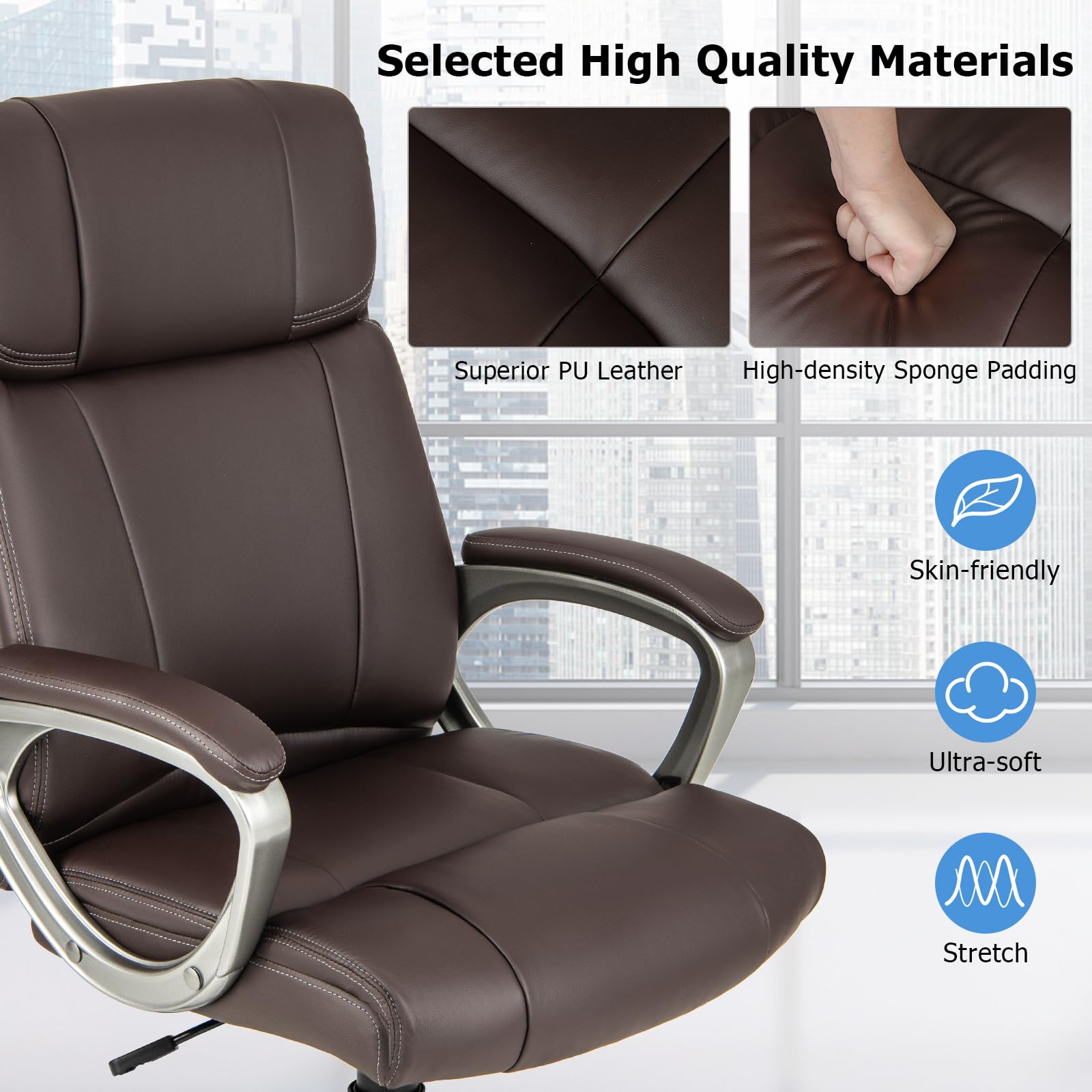 PU Leather Executive Office Chair with Padded Armrests and Lumbar Support