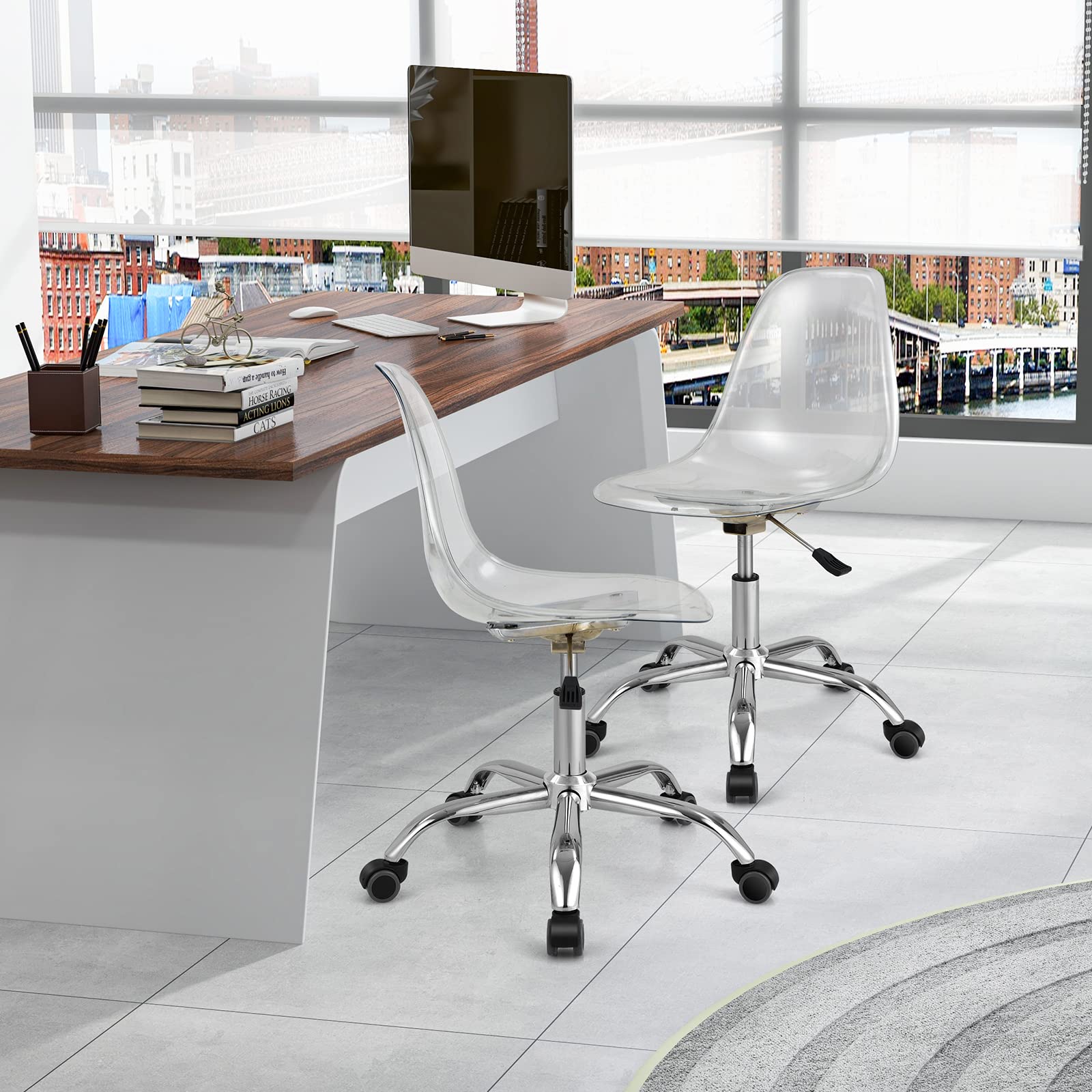 Acrylic Clear Desk Chair, Armless Swivel Vanity Ghost Plastic Chair with Sturdy Metal Base & Smooth Wheels