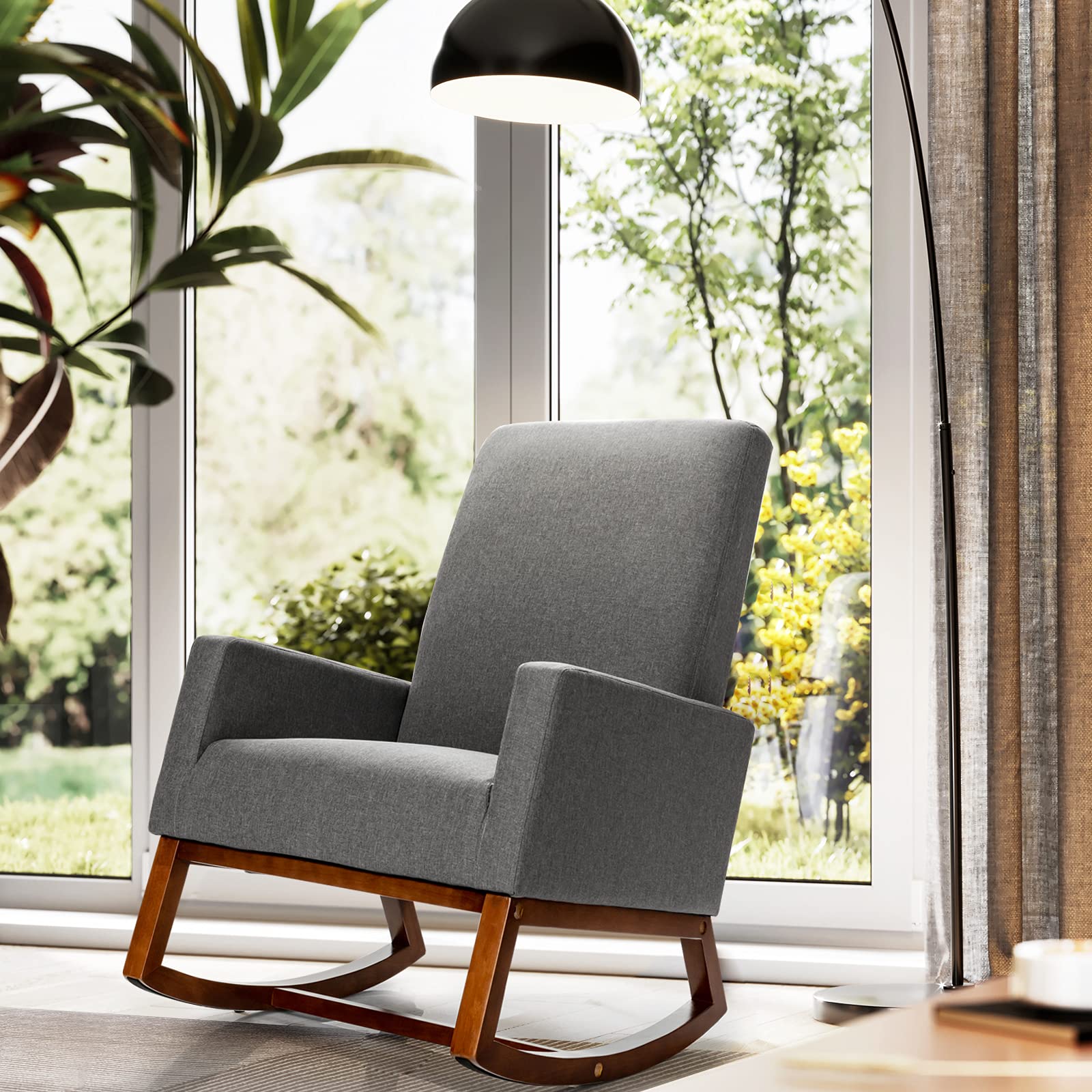 Rocking Chair, High Back Upholstered Lounge Armchair w/Side Pocket