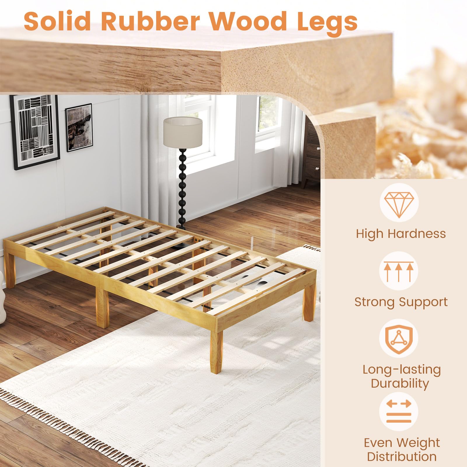 Wood Platform Bed Frame, 14 Inches Wooden Mattress Foundation with Solid Rubber Wood Legs