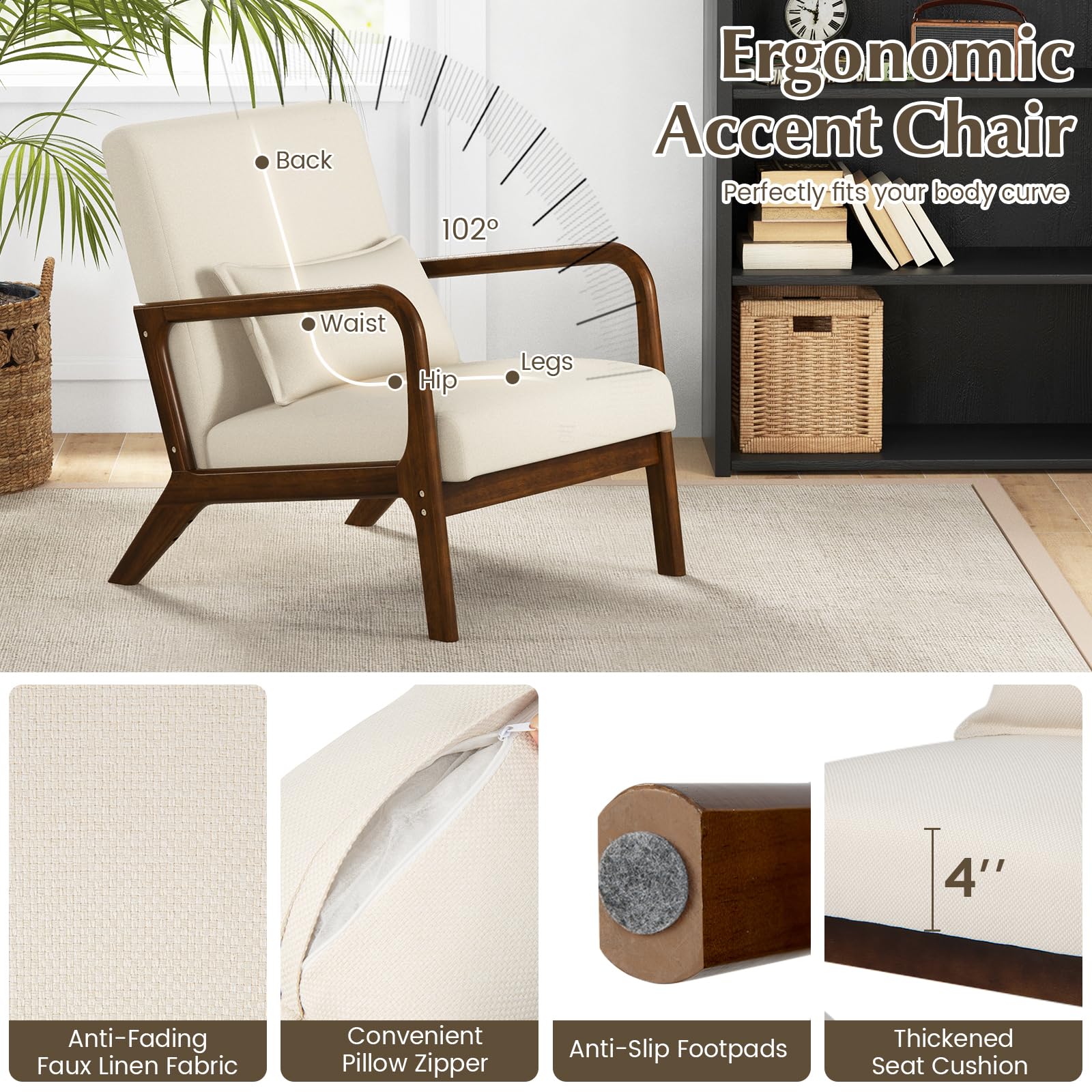 Mid Century Modern Chair, Indoor Living Room Leisure Accent Chair with Cushioned Seat & Back