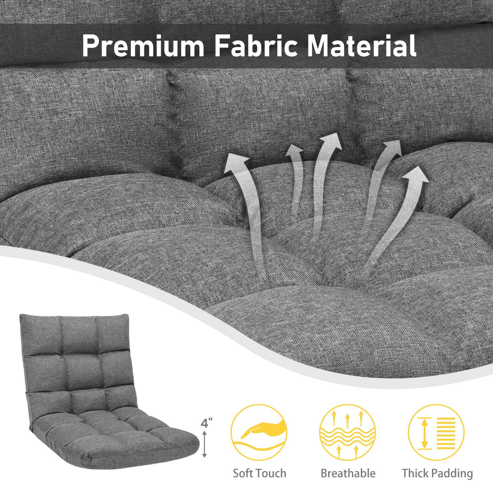Folding Gaming Floor Chair，Adjustable 14-Position Floor Sofa with Back Support
