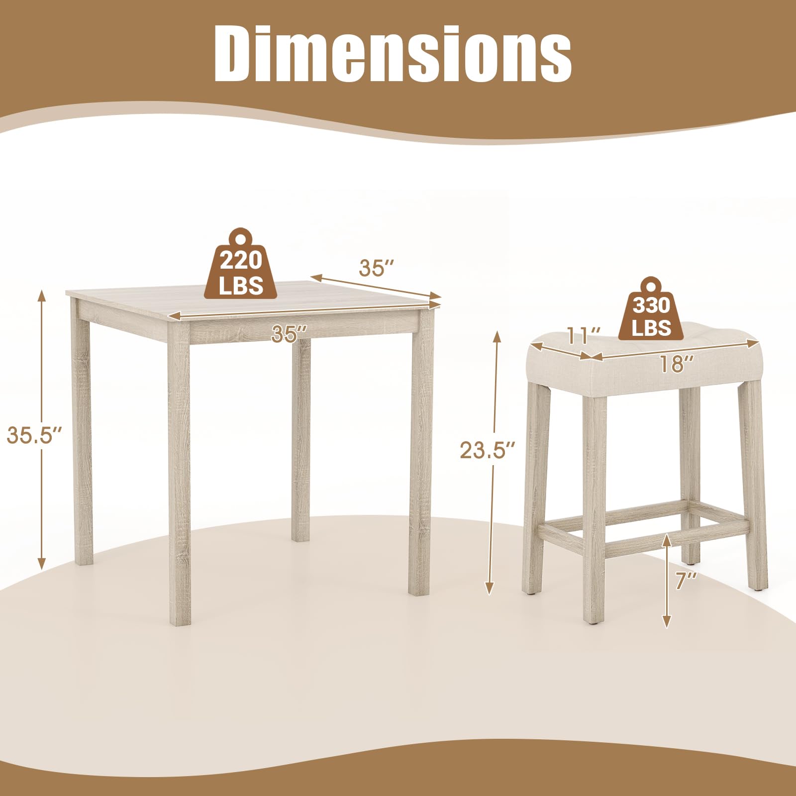 5-Piece Bar Table Set, Square Breakfast Set for 4 w/Padded Stools