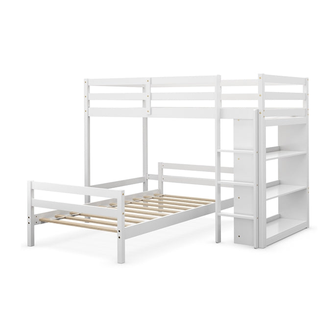 Twin Over Twin Bunk Bed, Convertible Wooden Loft Bed with 3-Tier Bookcase, Can be Separated into 2 Beds