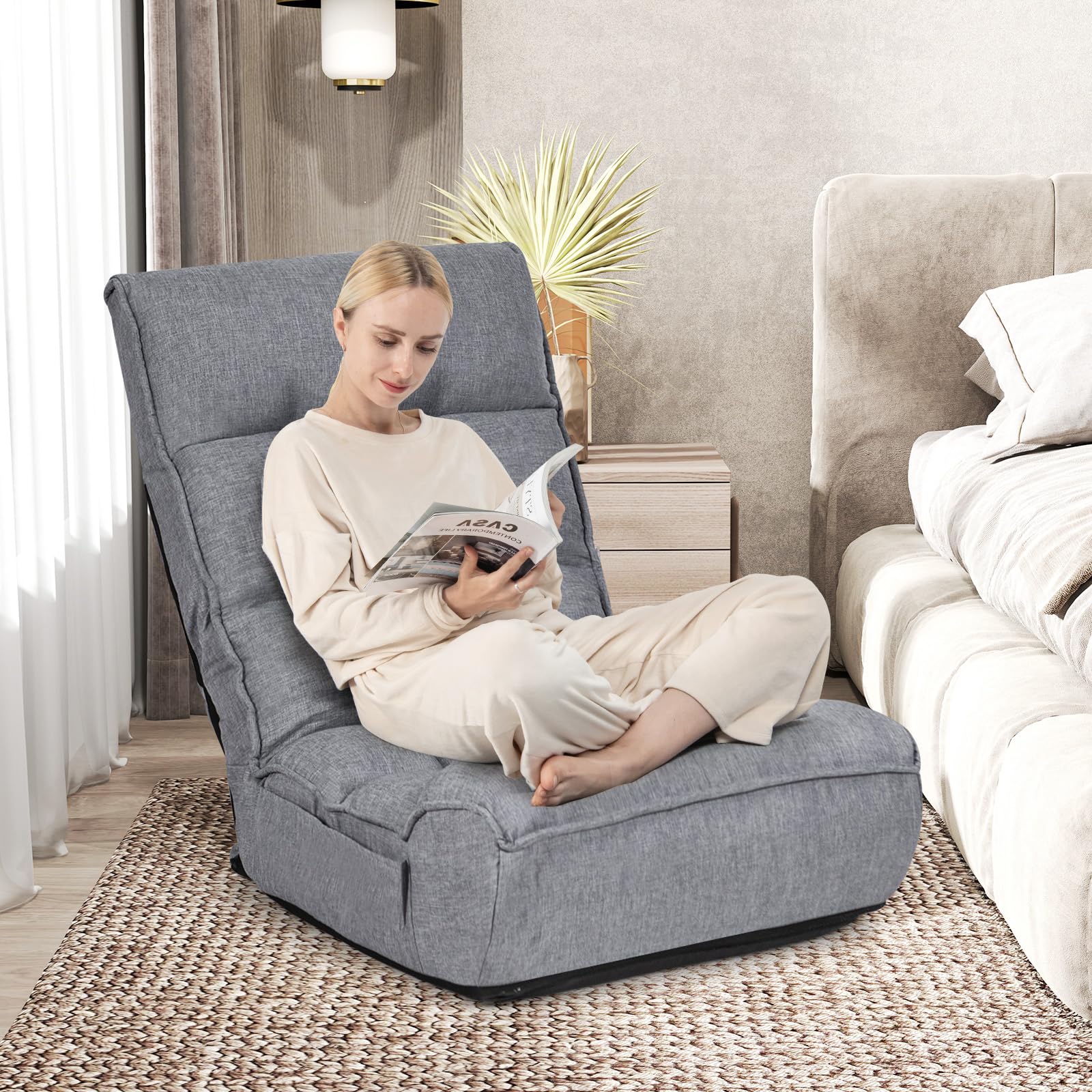 Folding Floor Gaming Chair with 4-Position Adjustable Back, 6-Position Adjustable Headrest, Side Pocket