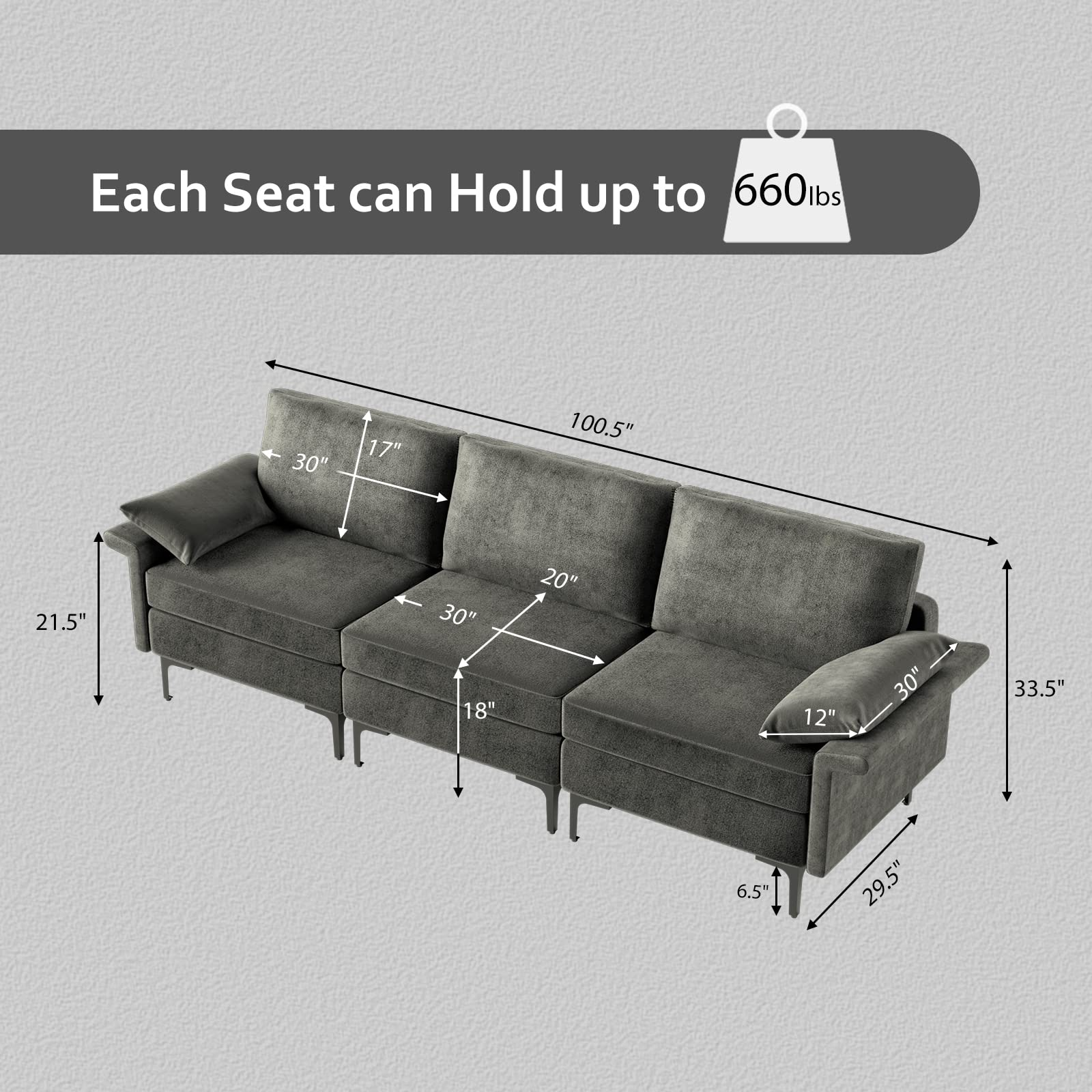 100.5 Inch Large Sectional Sofa, 3 Seat Couch with 3-Hole Outlet & 2 USB Ports