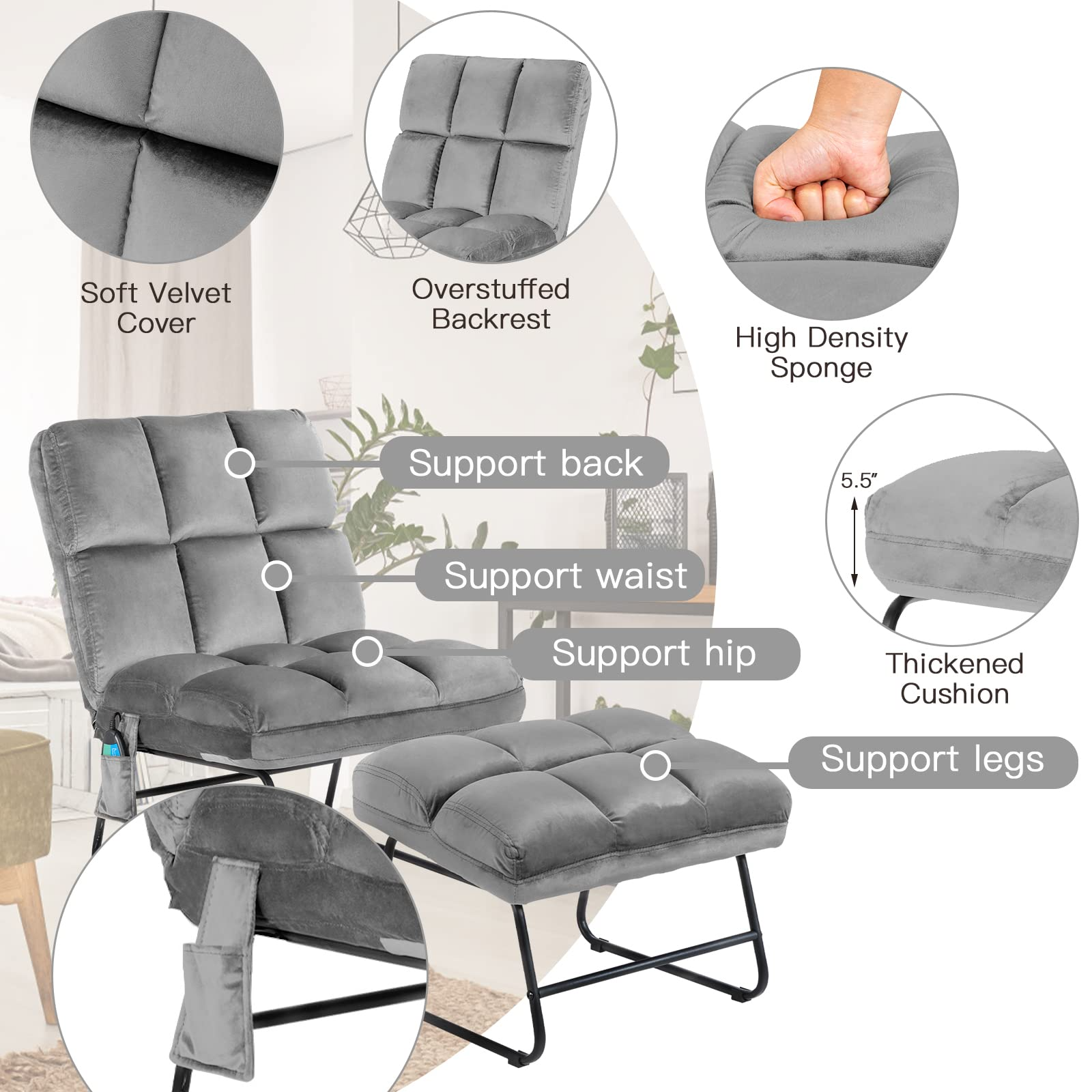 Massage Chair with Ottoman, 5 Vibration Modes & 4 Massage Motors, Velvet Fabric-Nice to Touch, Remote Control and Side Pocket
