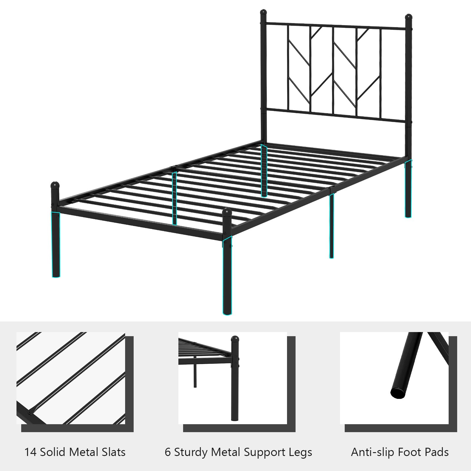 Metal Bed Frame with Victorian Style Headboard, 14 Metal Slats Support