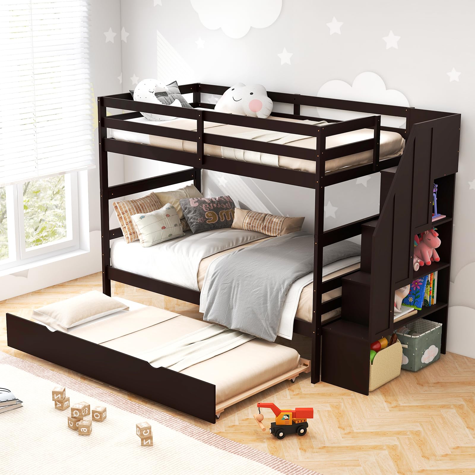 Twin Over Twin Wood Bunk Bed with Trundle & Storage Stairs, Convertible to 2 Separated Beds