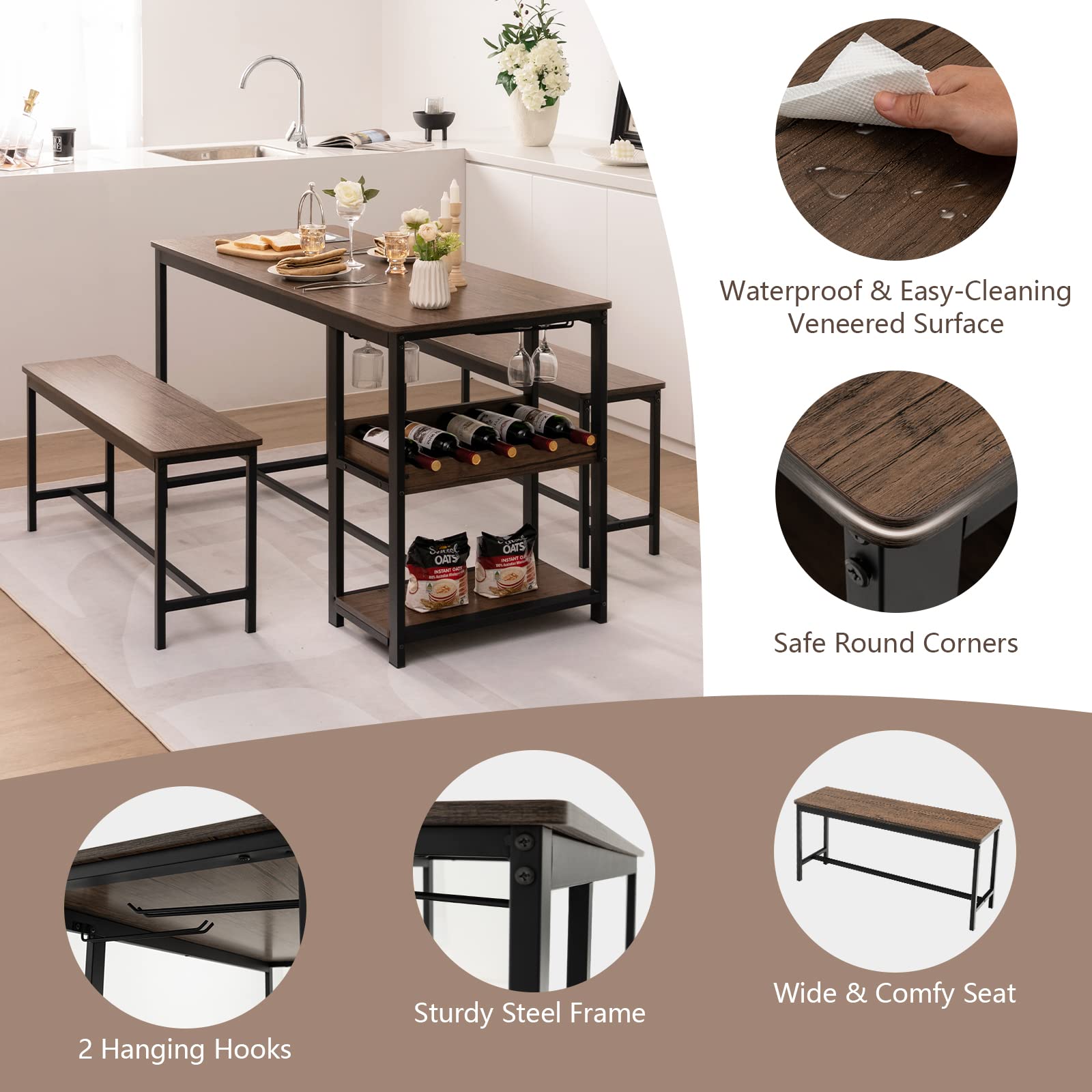 Dining Table Set for 4, 3-Piece 55" L Kitchen Table Set w/ 2 Benches, Breakfast Table w/ 5-Bottle Wine Rack & Glass Holder