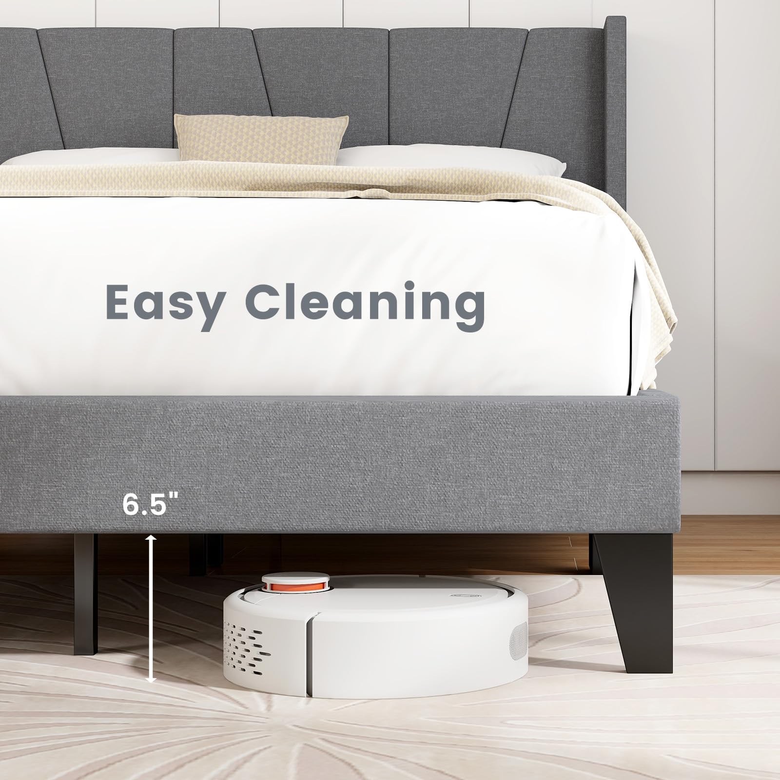 Upholstered Bed Frame with Wingback Headboard