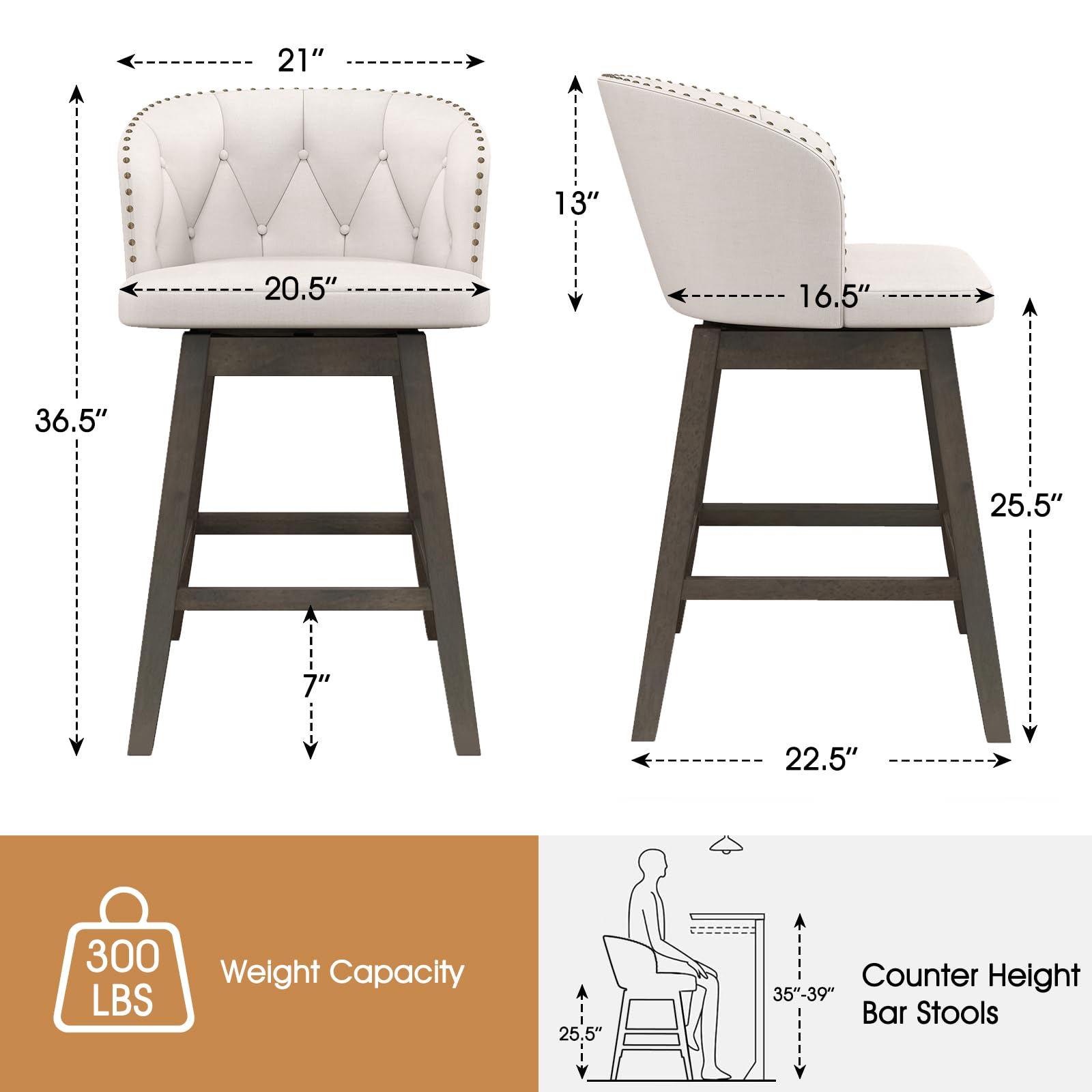 Counter Height Bar Stools Set of 2/4, Fabric Upholstered Island Stools with 360&deg; Swivel Seat & Button-Tufted Back
