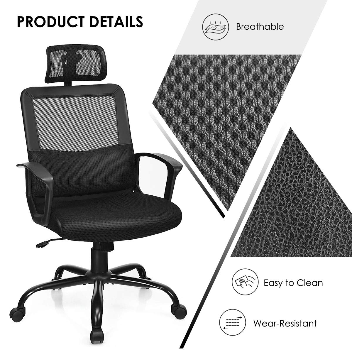 Mesh Office Chair, Ergonomic High Back Computer Desk Chair with Adjustable Headrest & Lumbar Support