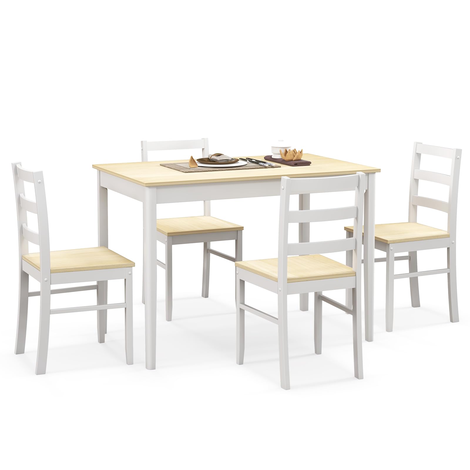 Dining Table Set for 4, Farmhouse Solid Wood Dining Set w/Rubber Wood Legs