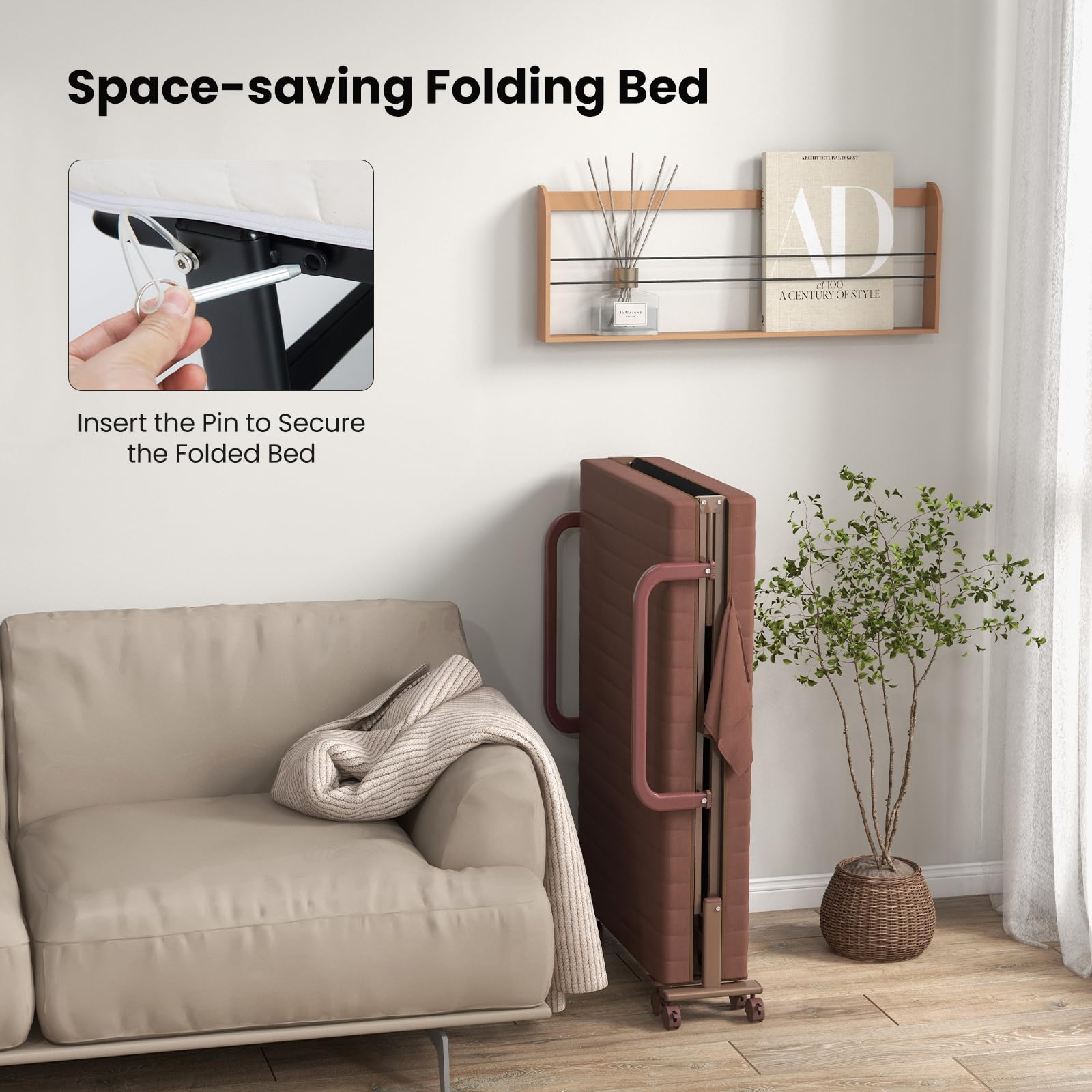 Folding Bed With Mattress, Portable Guest Bed With Adjustable 6 Position & Side Storage Pocket