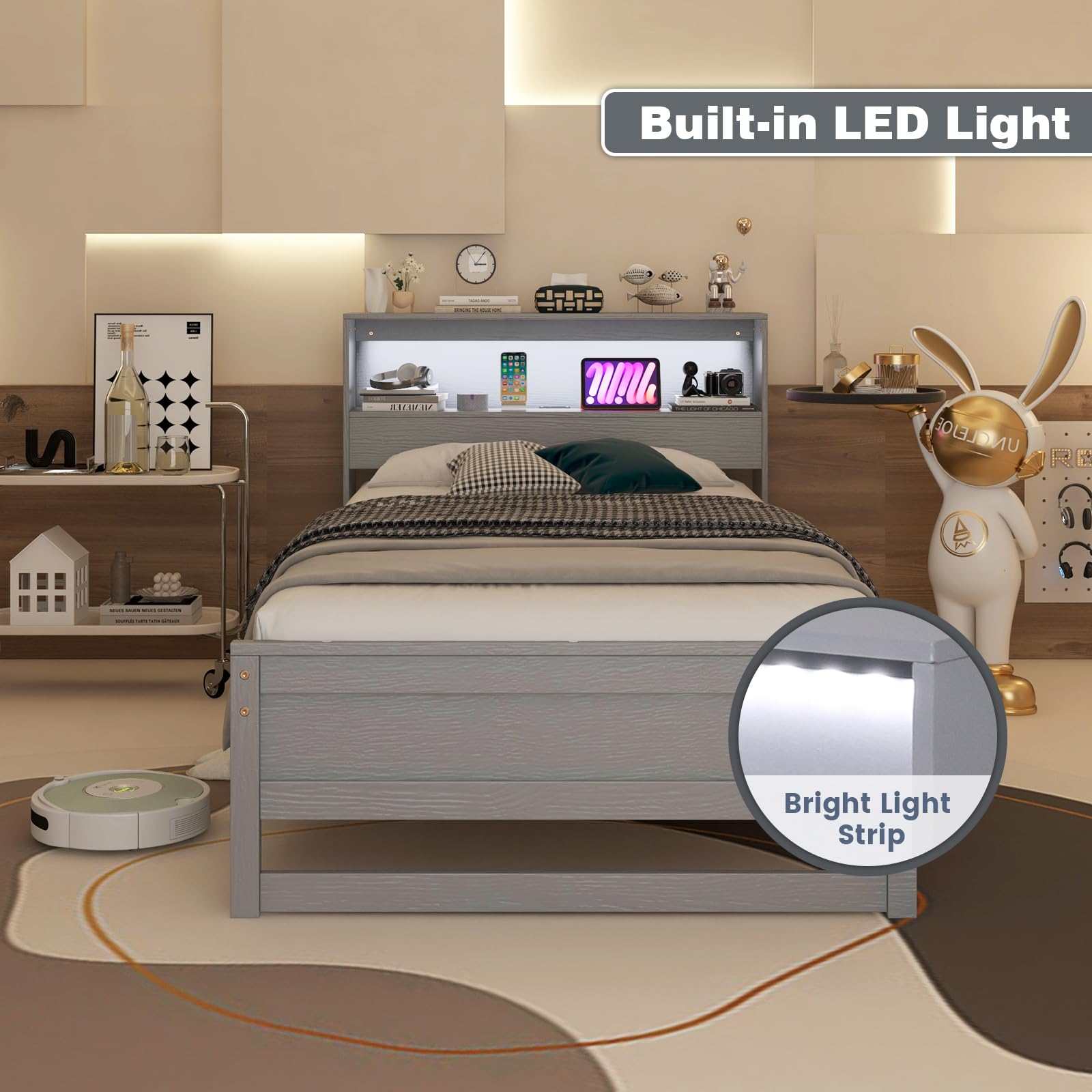 Twin Size Wood Platform Bed Frame with Charging Station & LED Light
