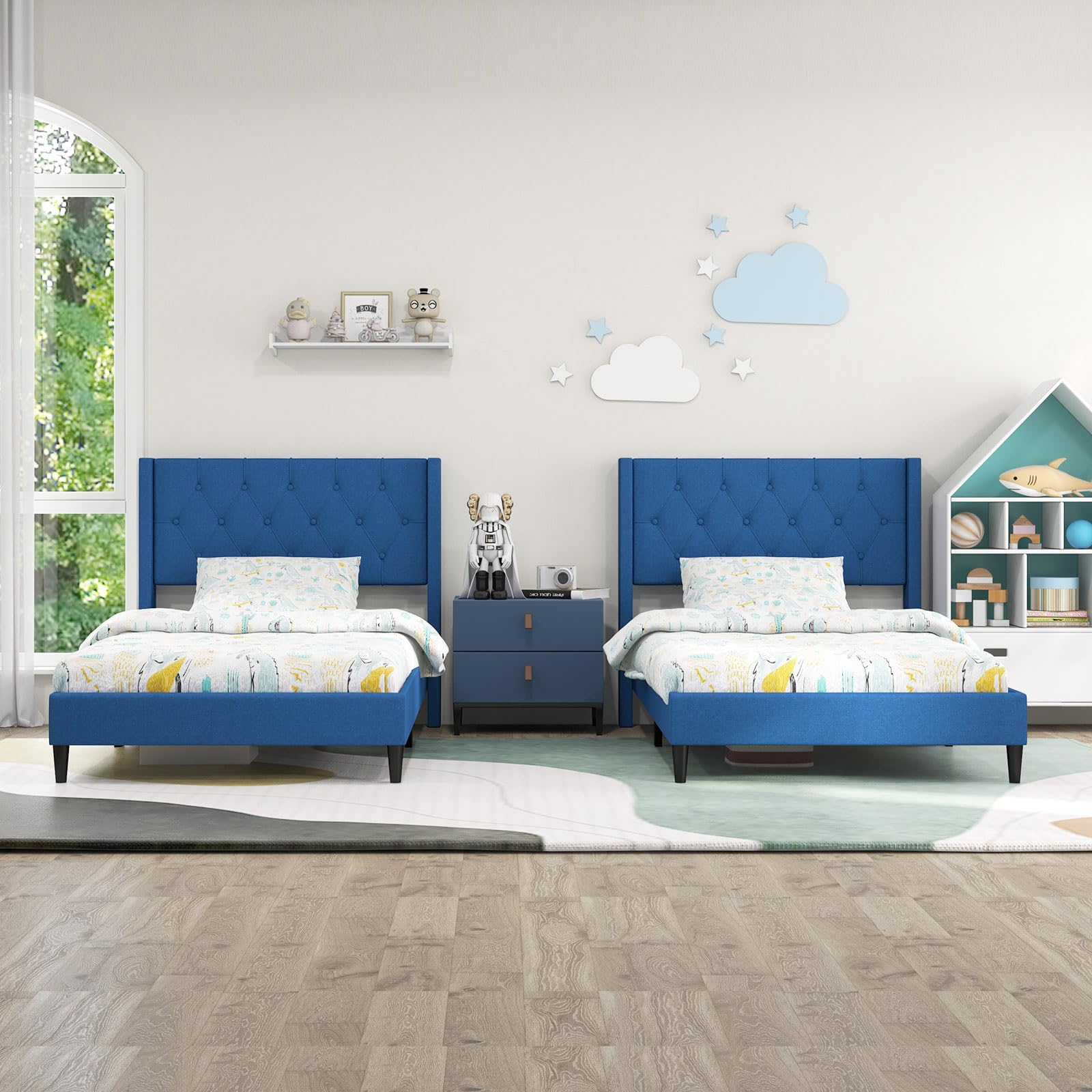 Upholstered Platform Bed with Button Tufted Wingback Headboard