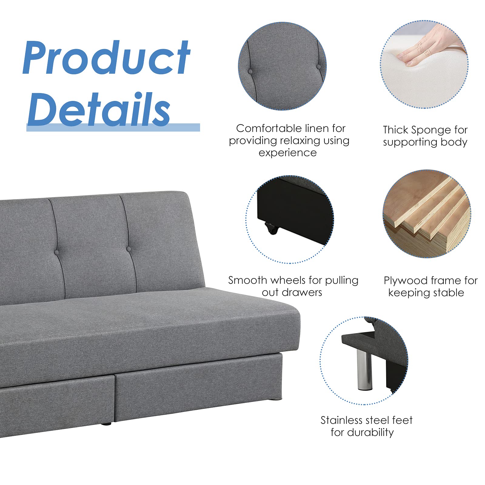 3-Seat & 3 Adjustable Angles Convertible Sofa Bed w/ 2 Large Drawers