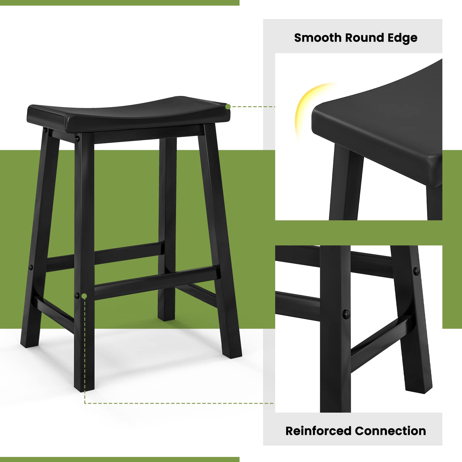 Saddle Stools Set of 2/4, 24-inch Counter Height Barstools with Solid Wood Legs & Footrests