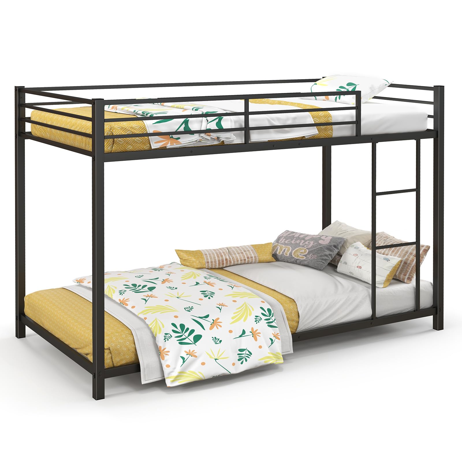 Twin Over Twin Metal Low Floor Bunk Bed with Safety Guard Rail & Ladder
