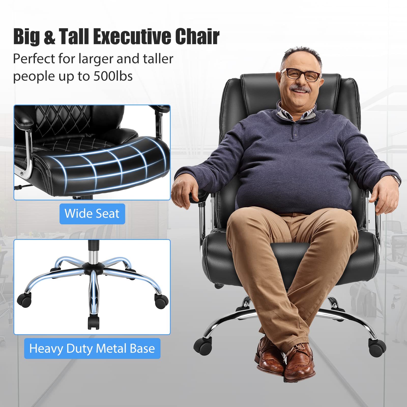 500LBS Big and Tall Office Chair, Wide Seat Large Leather Executive Chair with Heavy Duty Metal Base