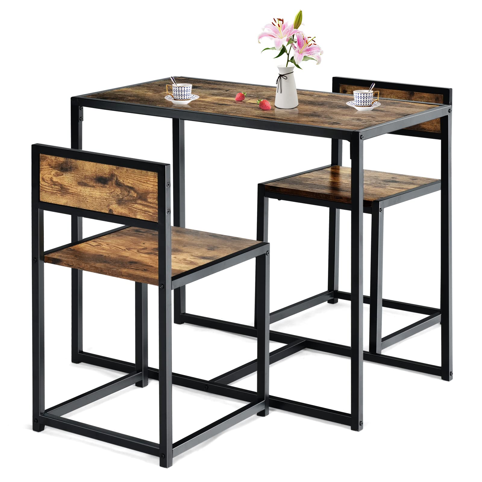 3 Piece Kitchen Table Set with 2 Chairs, Metal Frame