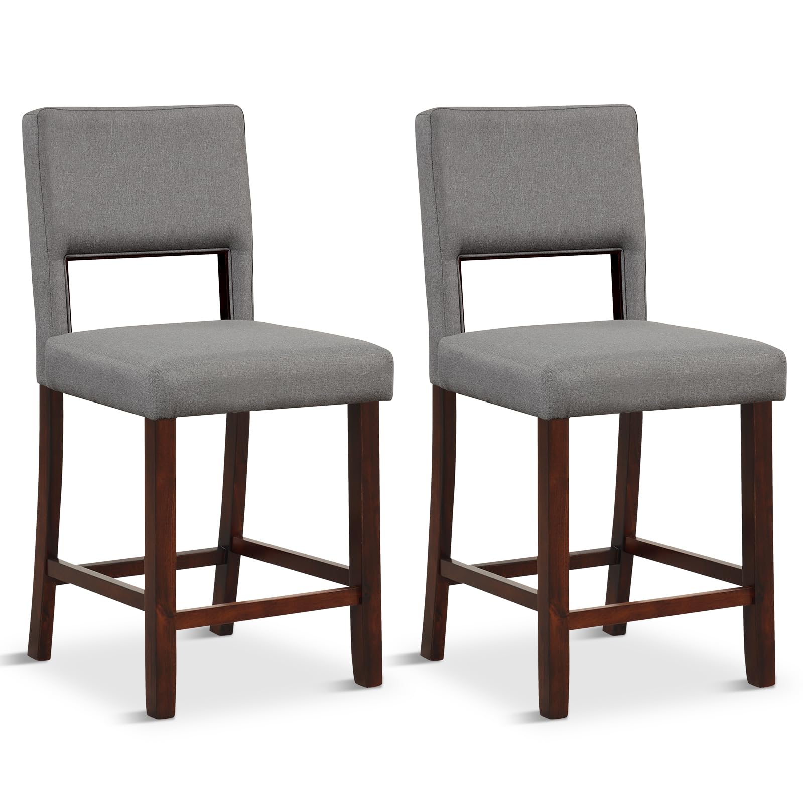 24.5" Counter Height Bar Stools Set of 2, Linen Barstools with Back, Rubber Wood Legs