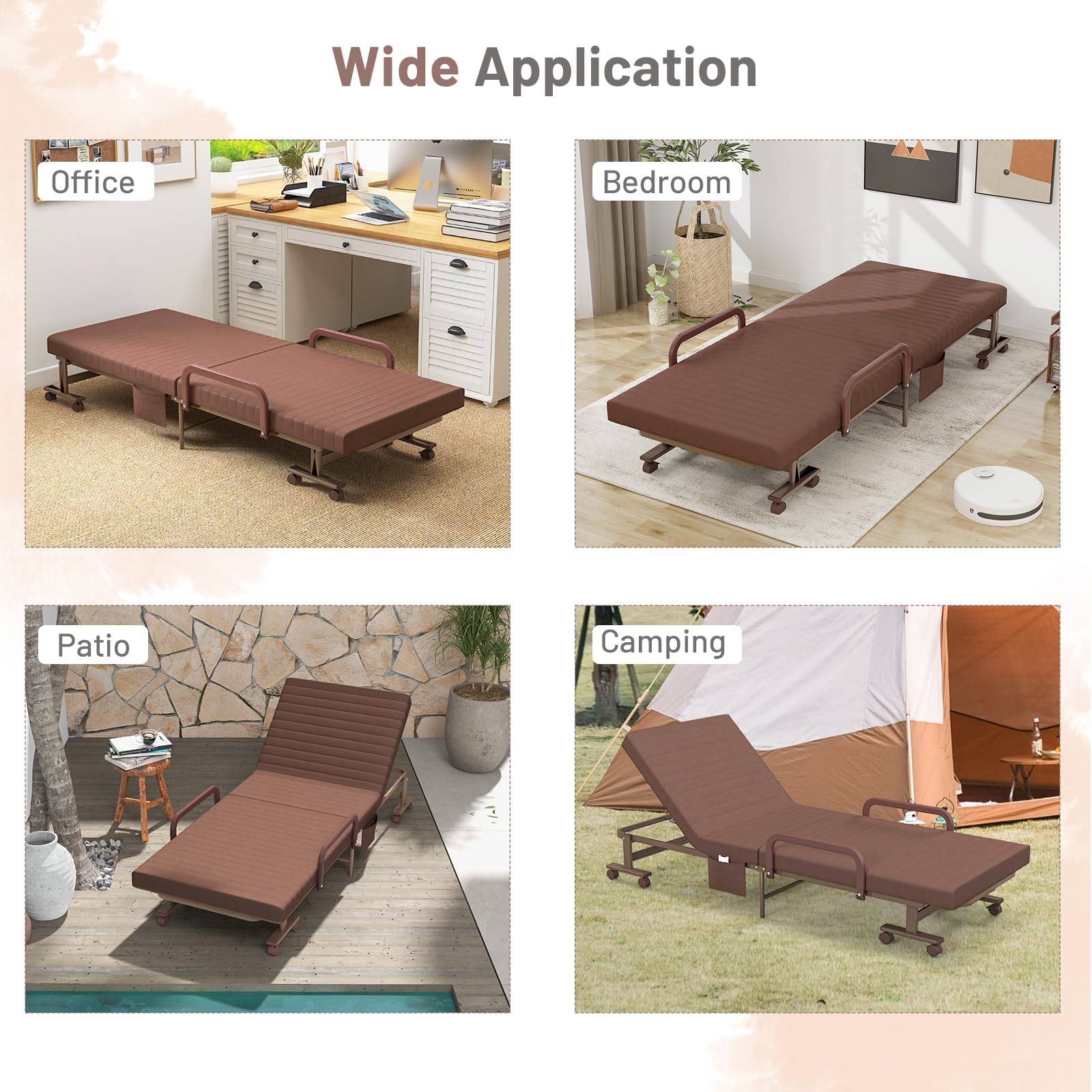 Folding Bed With Mattress, Portable Guest Bed With Adjustable 6 Position & Side Storage Pocket