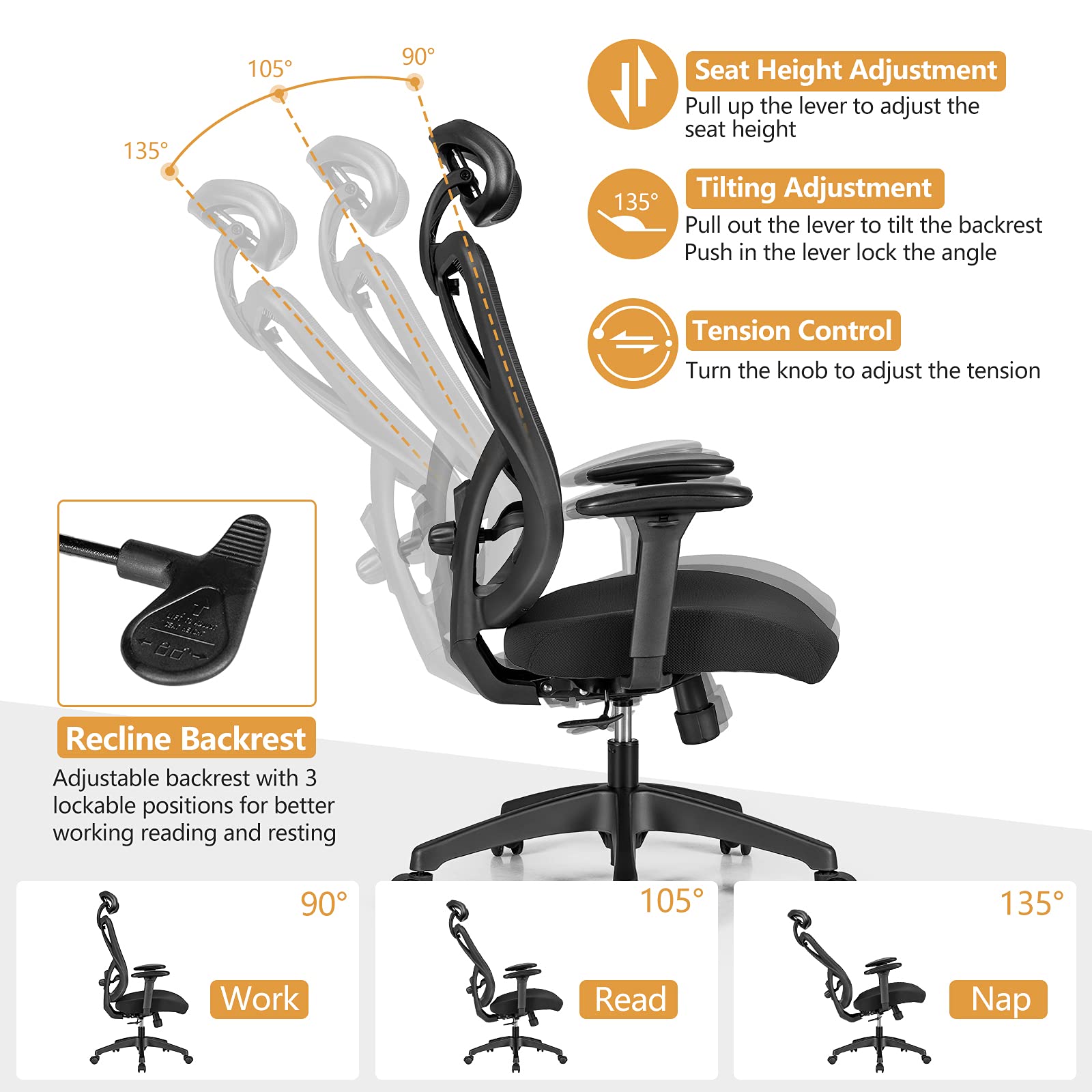 Ergonomic Office Chair with Adjustable Lumbar Support, Armrests and Headrest