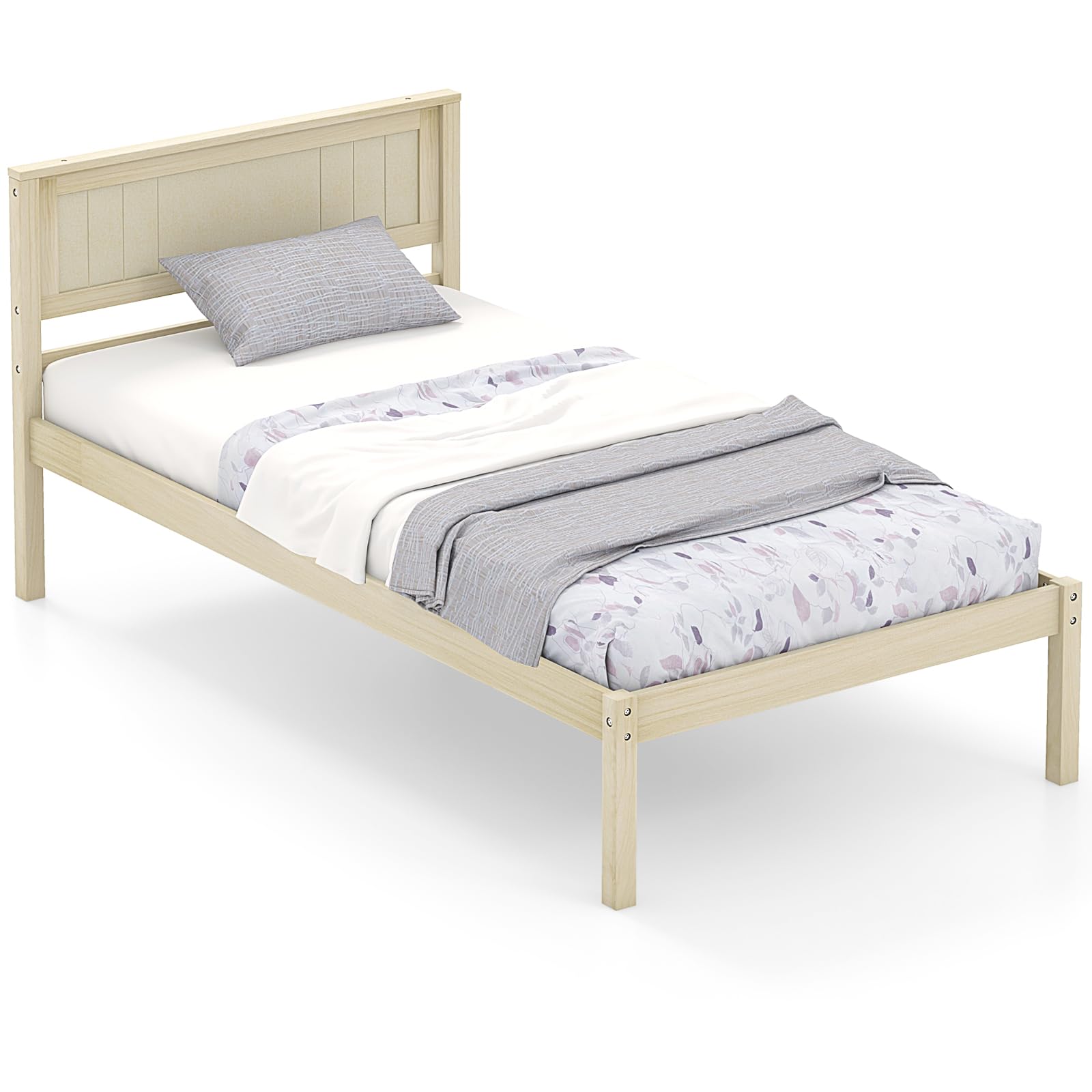 Wooden Platform Bed Frame with Headboard & Wood Slat Support