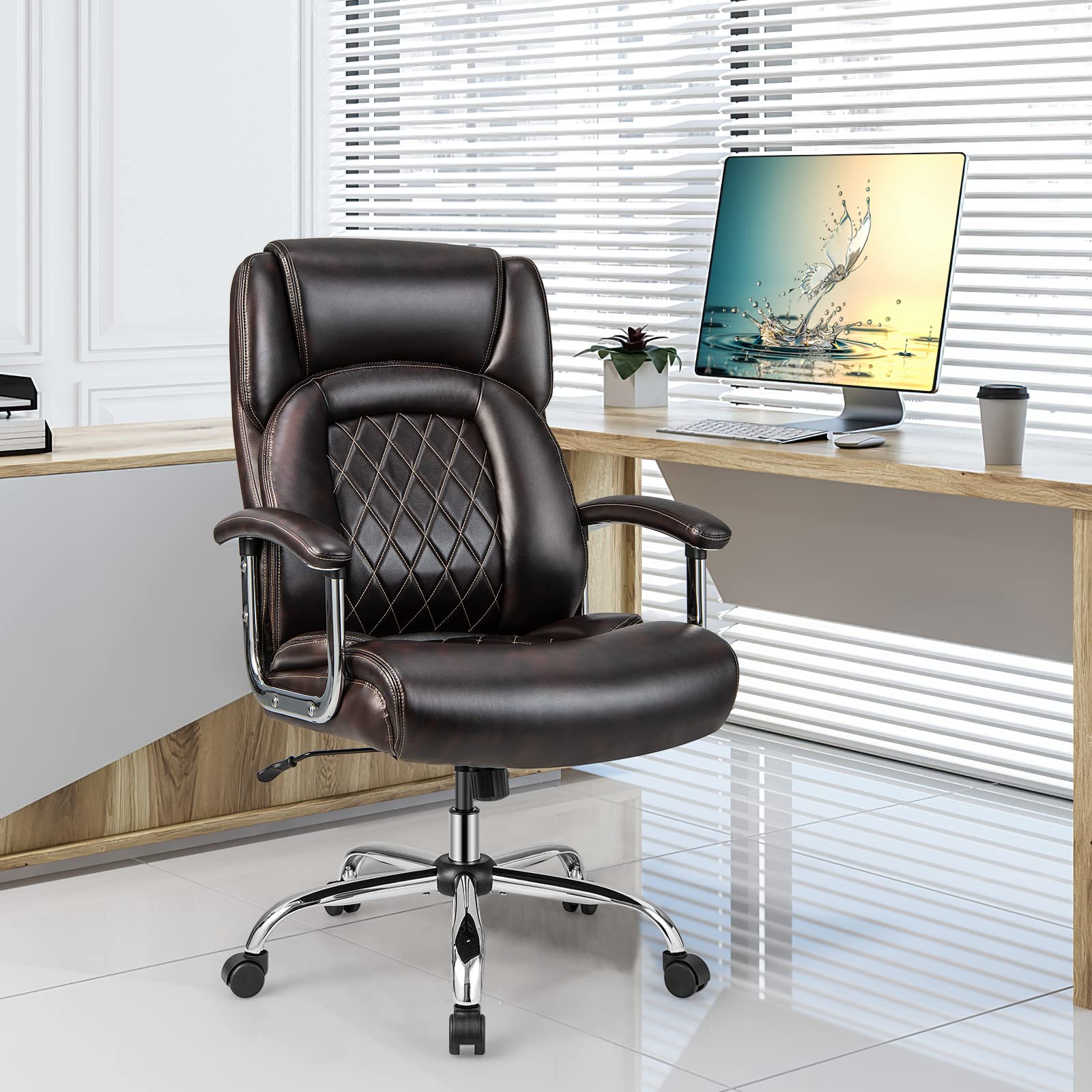500LBS Big and Tall Office Chair, Wide Seat Large Leather Executive Chair w/Heavy Duty Metal Base