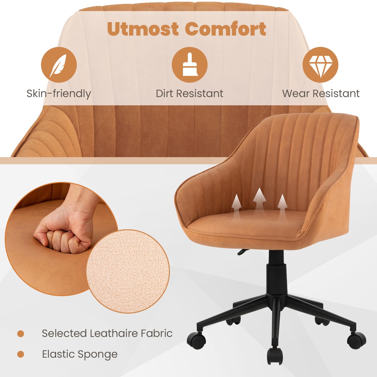 Leather Office Chair Brown, Mid Century Desk Chair with Wheels and Ergonomic Armrests