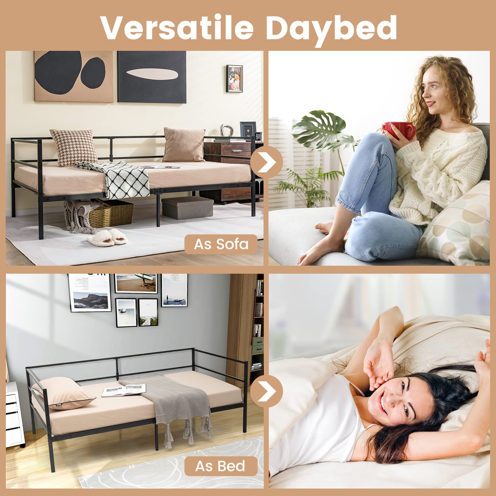 Twin Size Metal Daybed with Metal Slat Support & 3-Sided Guardrails
