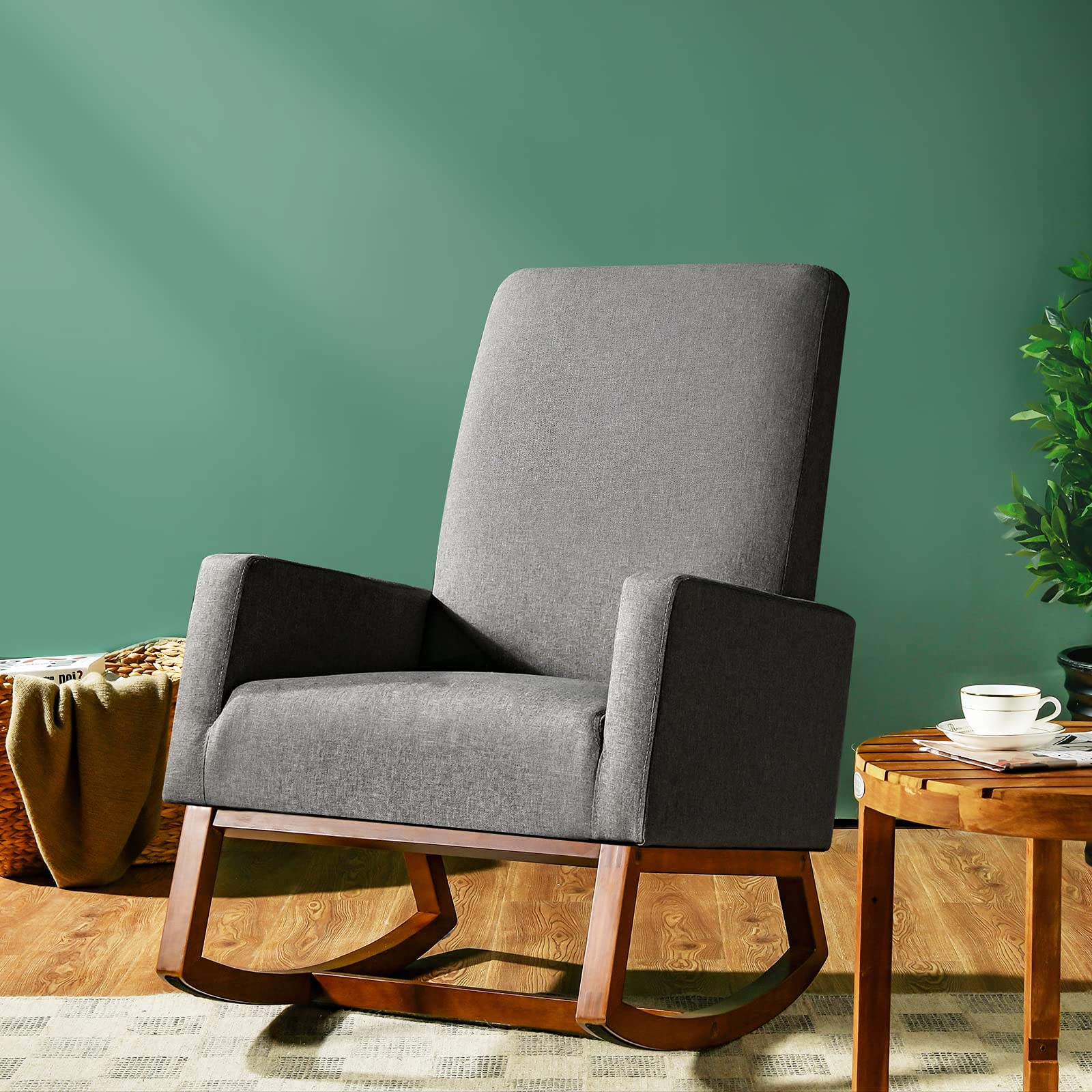 Rocking Chair, High Back Upholstered Lounge Armchair w/Side Pocket