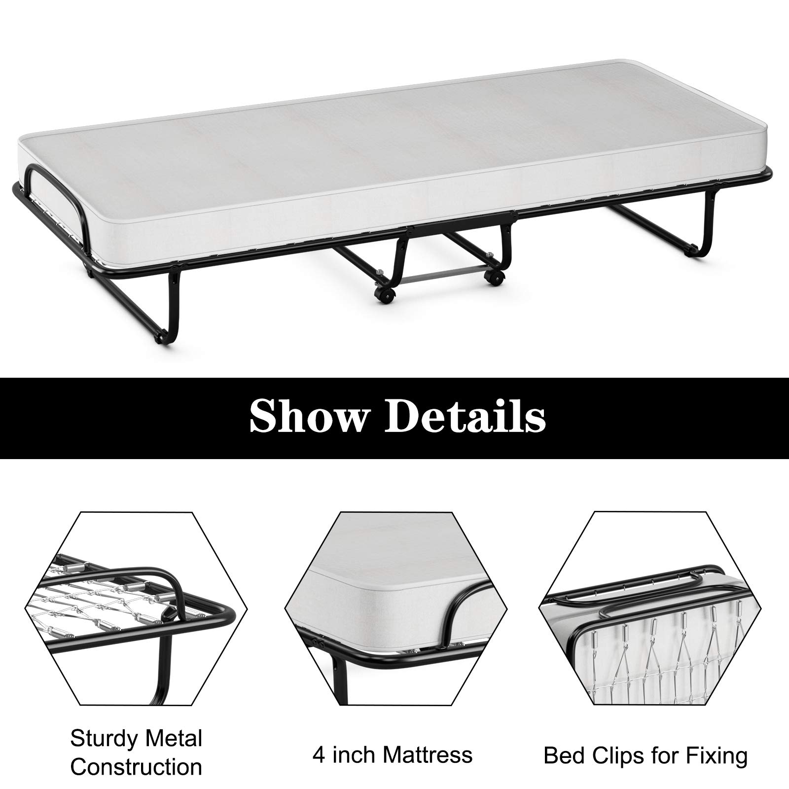 Portable Rollaway Bed with 4" Memory Foam Mattress for Adults and Guests