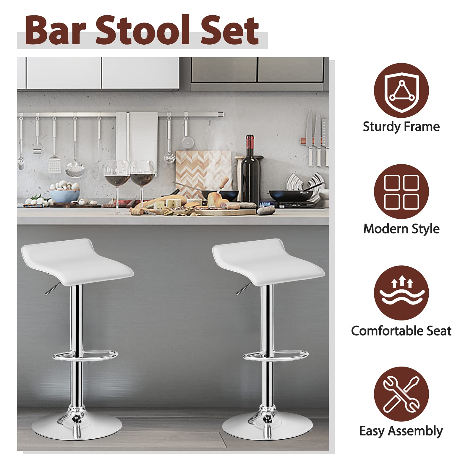Bar Stools Set of 2/4, Adjustable Swivel PU Leather Barstools w/Footrest, Chrome Base