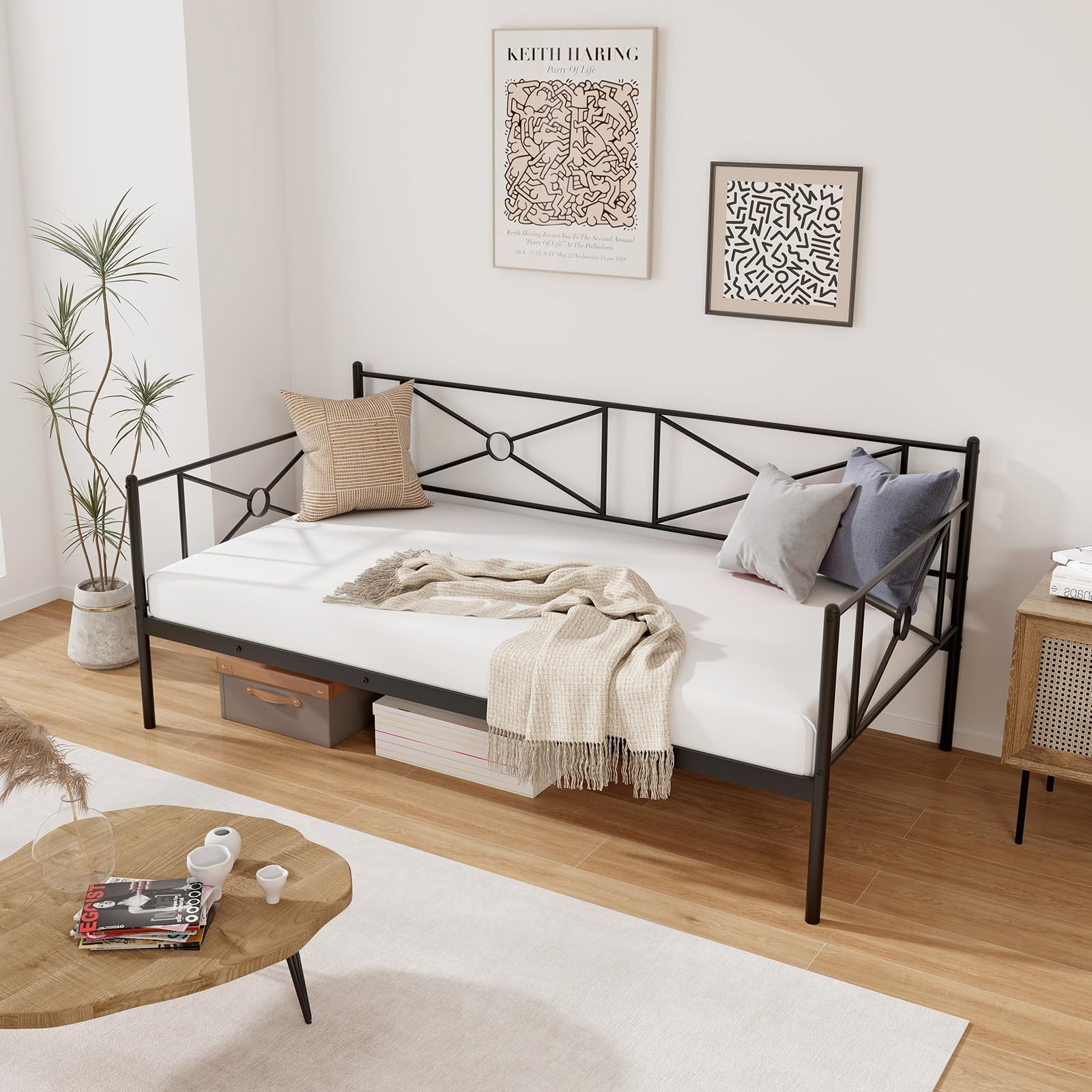 Twin Size Metal Daybed, Multifunctional Sofa Guest Bed with Headboard