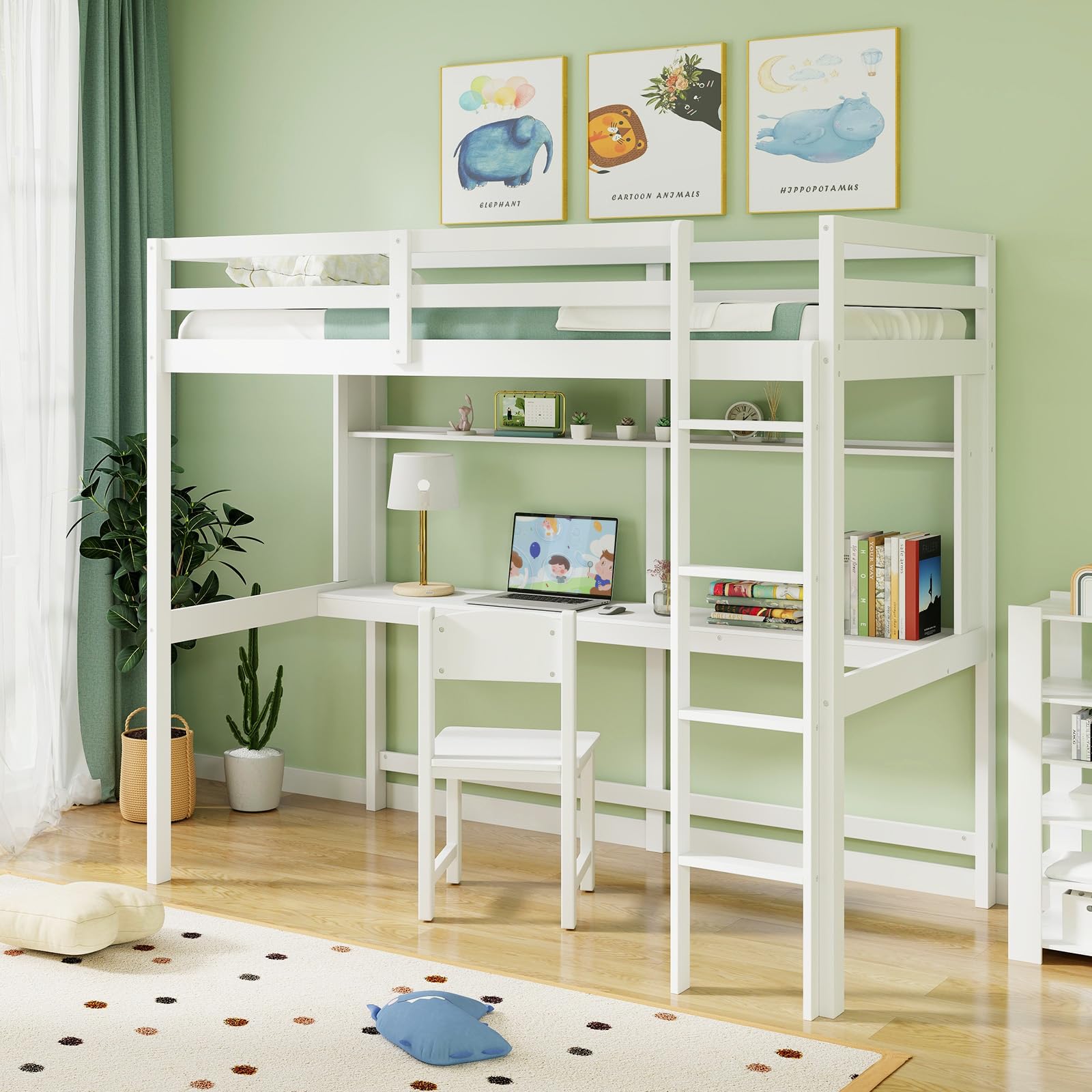 Twin Size Loft Bed with Desk, Bookshelf, Full Length Safety Guardrail & Ladder