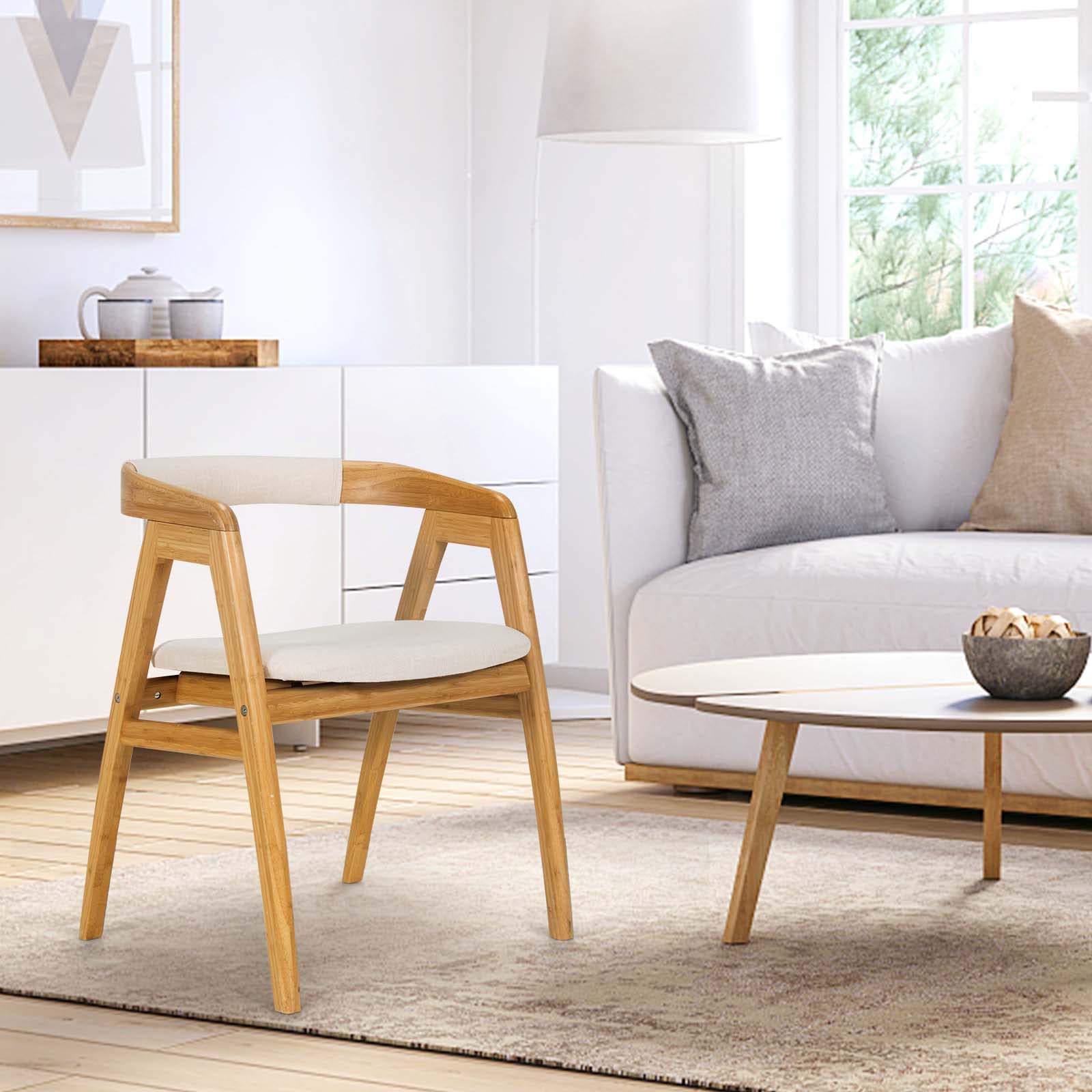 Bamboo Accent Chair, Modern Painted Bamboo Leisure Chair w/Comfy Fiber Cushion, Curved Backrest, Solid Legs
