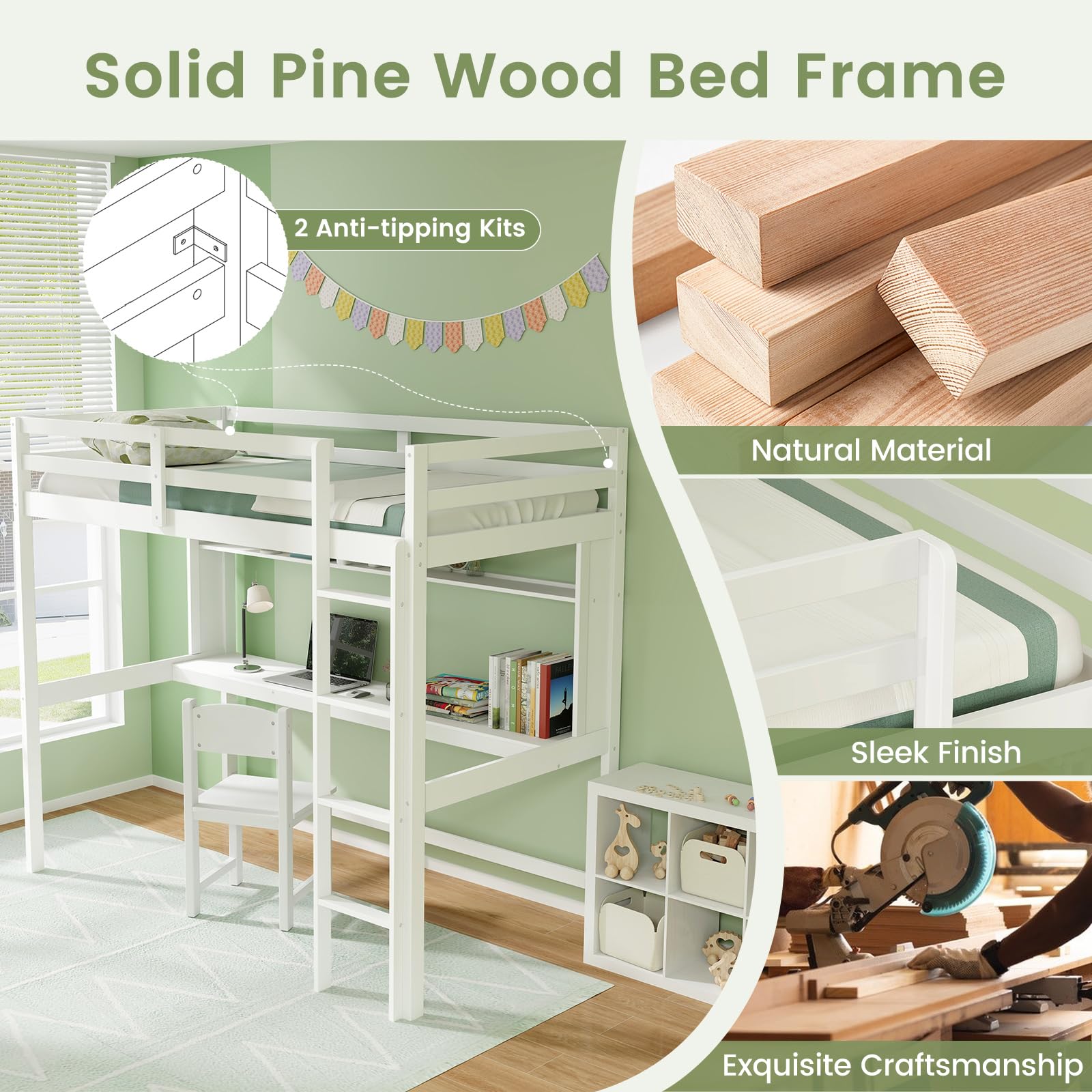 Twin Size Loft Bed with Desk, Bookshelf, Full Length Safety Guardrail & Ladder