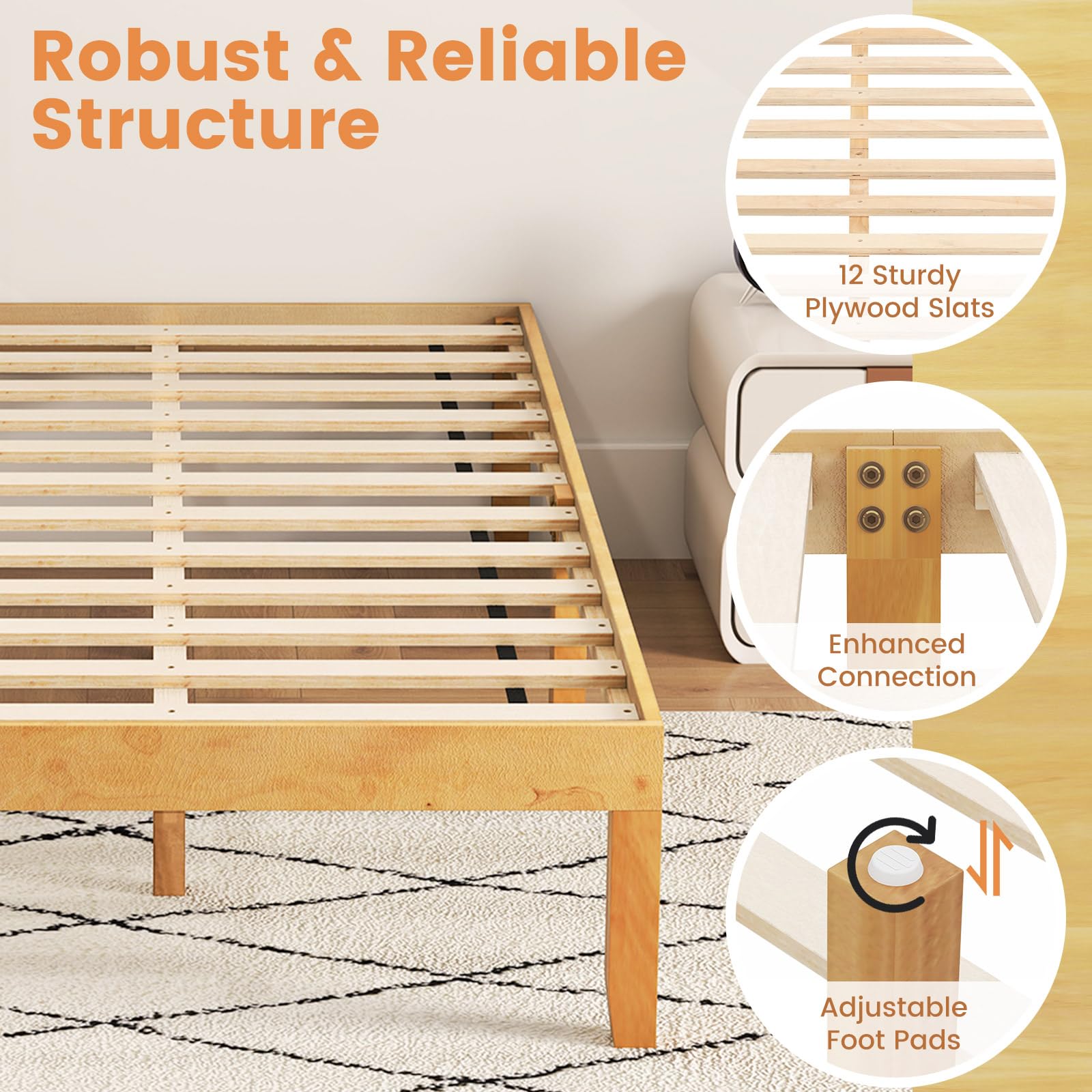 Wood Platform Bed Frame, 14 Inches Wooden Mattress Foundation with Solid Rubber Wood Legs