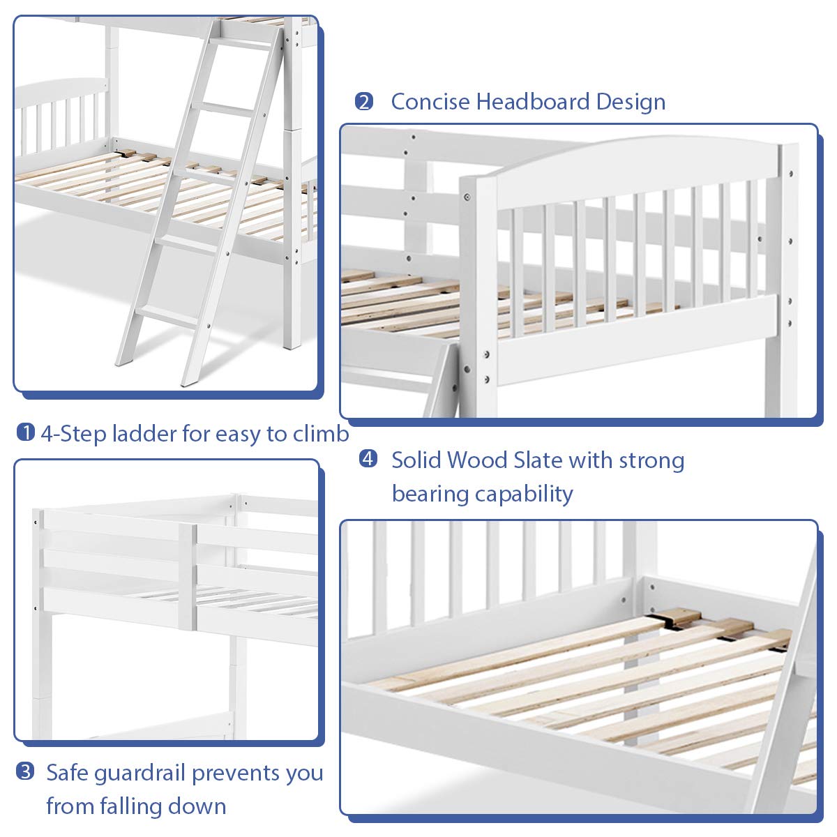 Twin Over Twin Bunk Beds, Convertible Into Two Individual Solid Rubberwood Beds