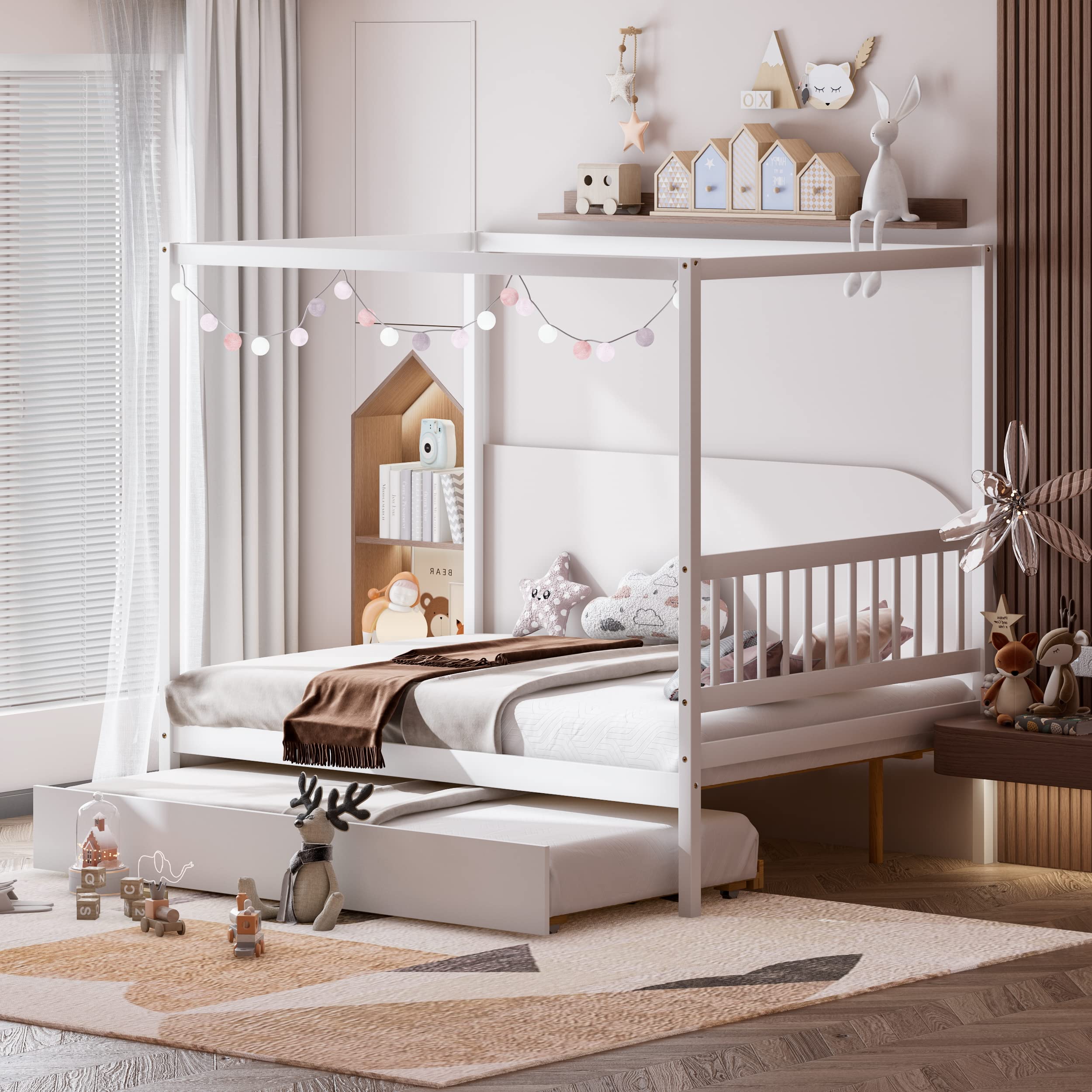 Wood Canopy Bunk Bed with Trundle, Full Size Solid Wood Platform Bed with Headboard