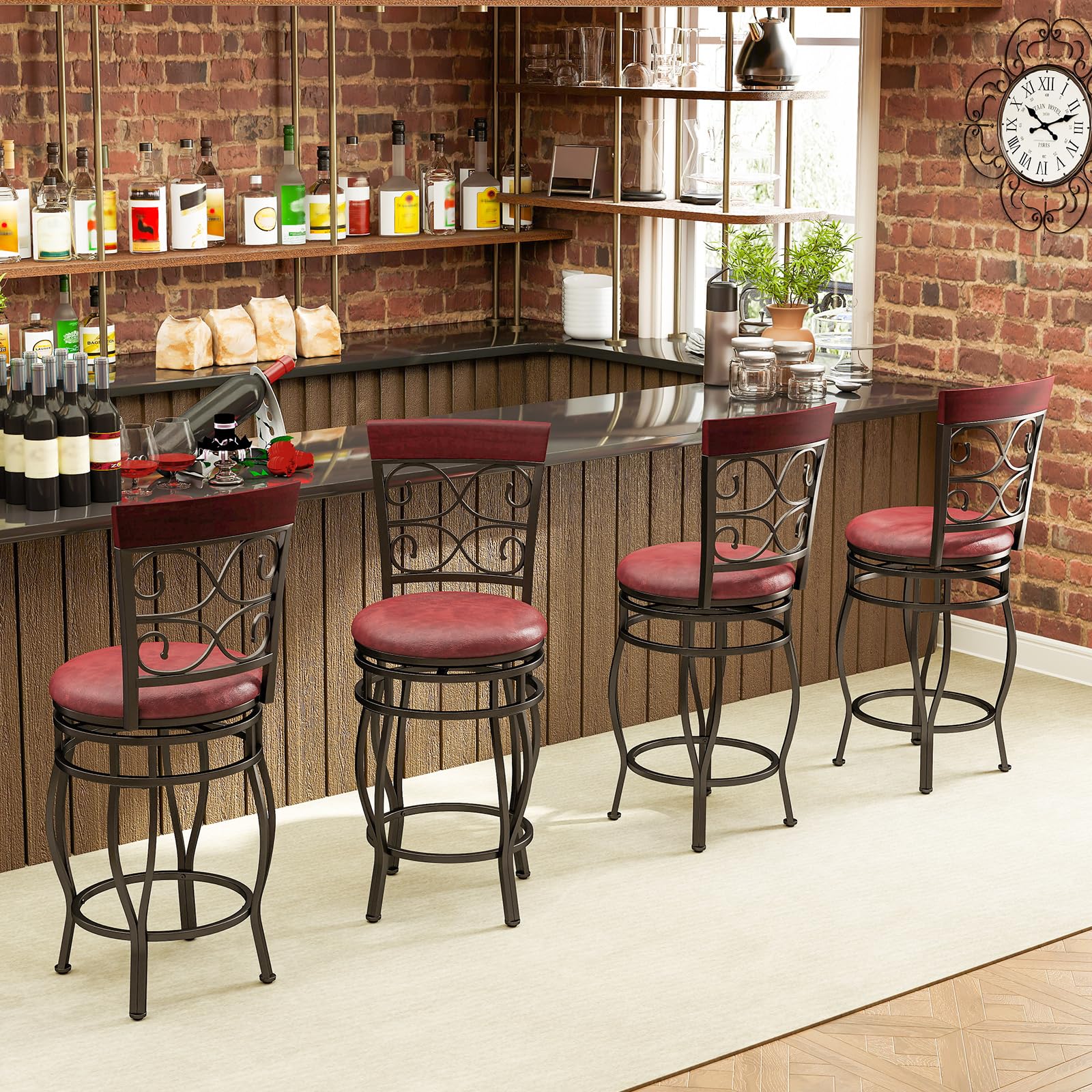 Swivel Bar Stools Set of 2/4, Counter Height Bar Stools with Back, Upholstered PU Leather Seat, Footrest