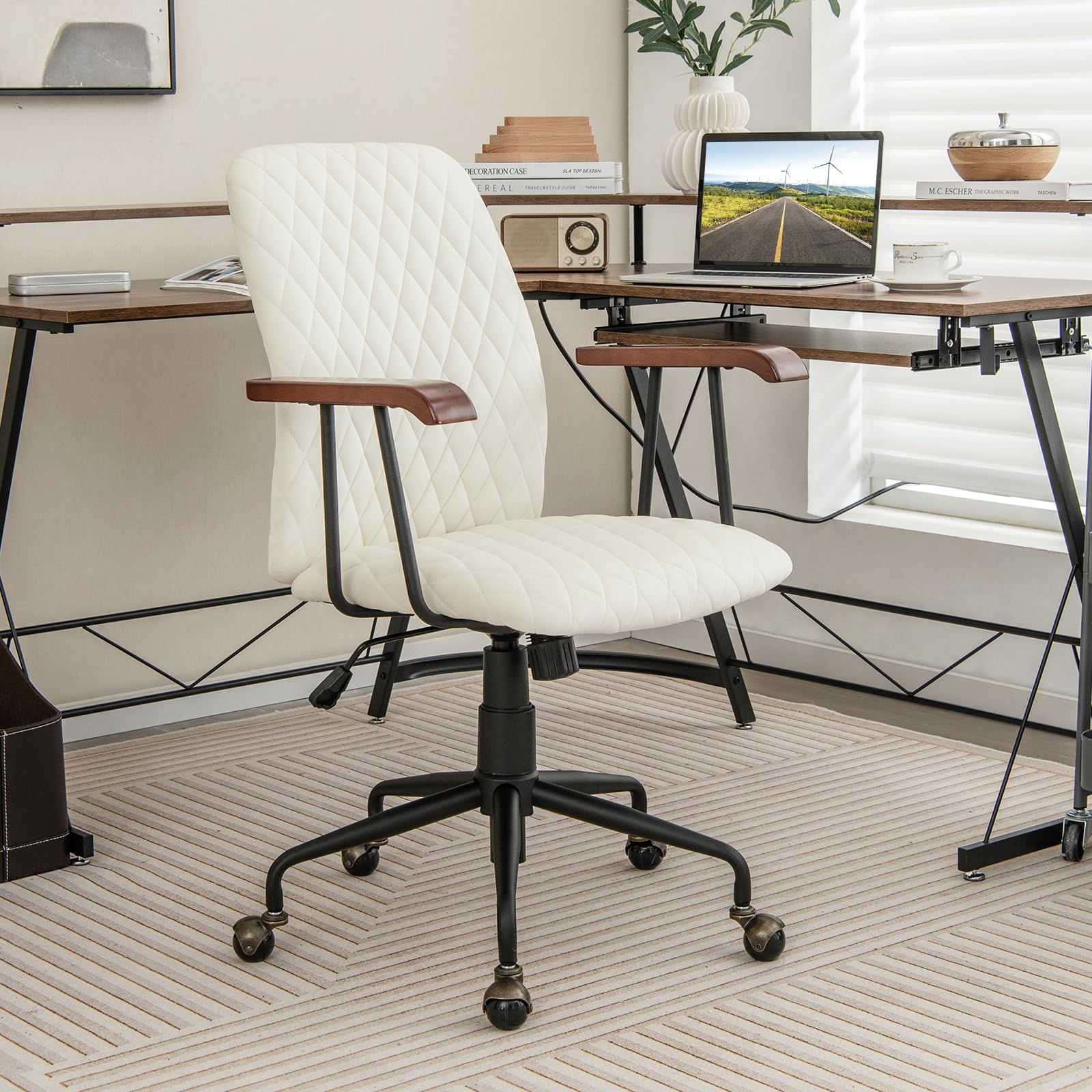 Home Office Desk Chair, Vintage Adjustable Swivel Rolling Chair with Copper Wheels & Armrest