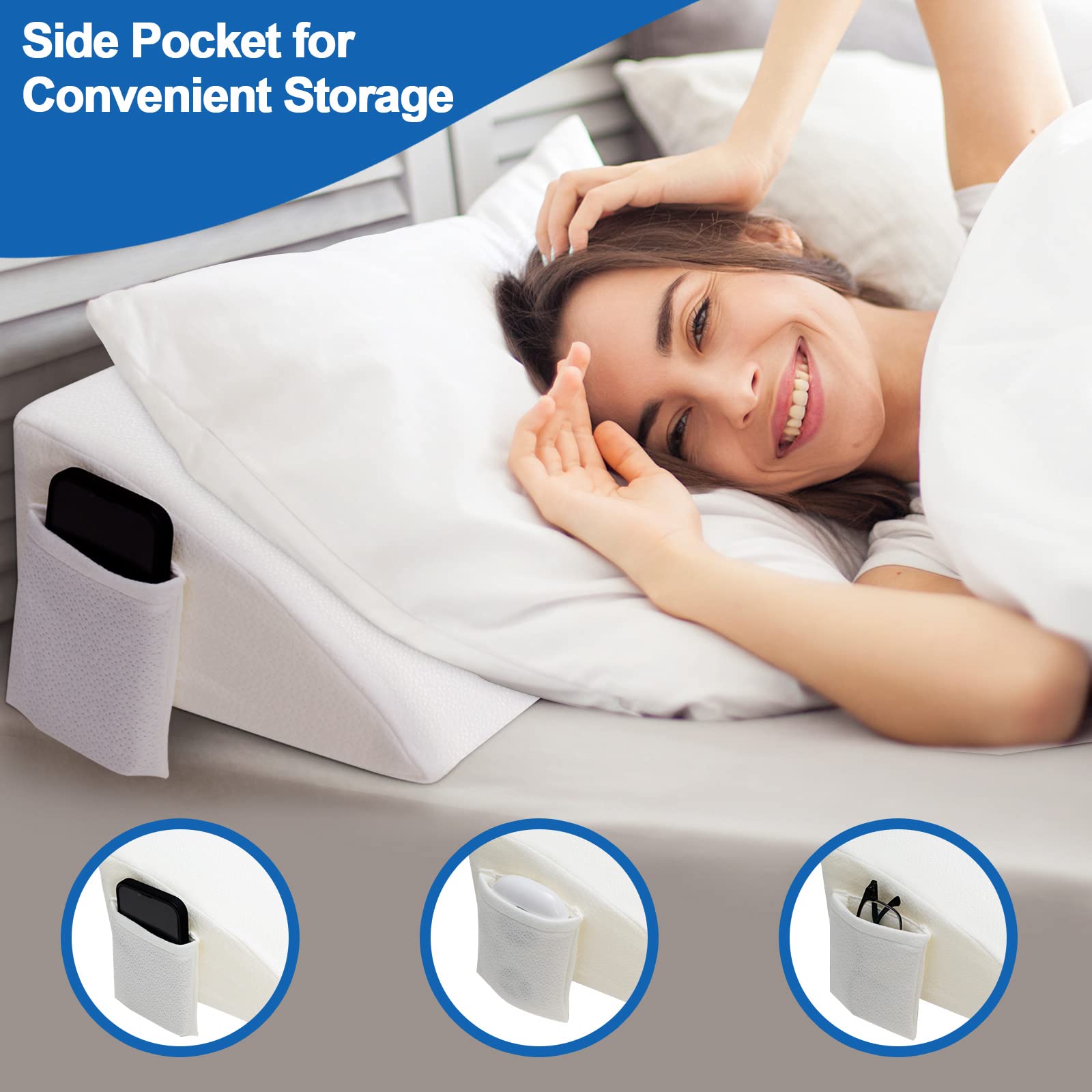Large Triangular Headboard Pillow w/ Side Pocket & Removable Cover