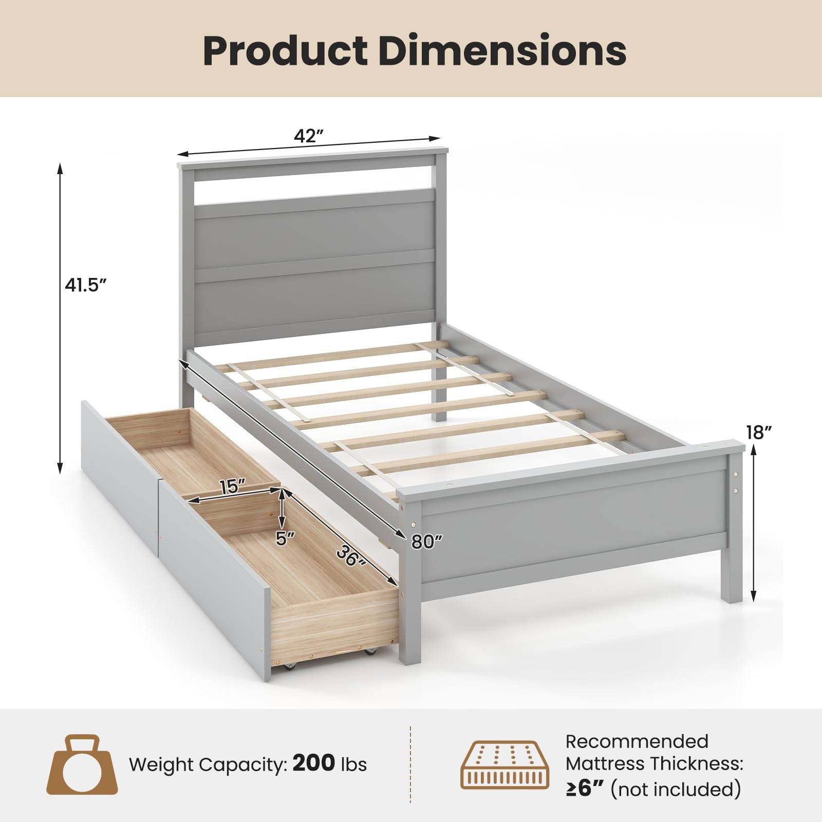 Twin Bed Frame with 2 Storage Drawers