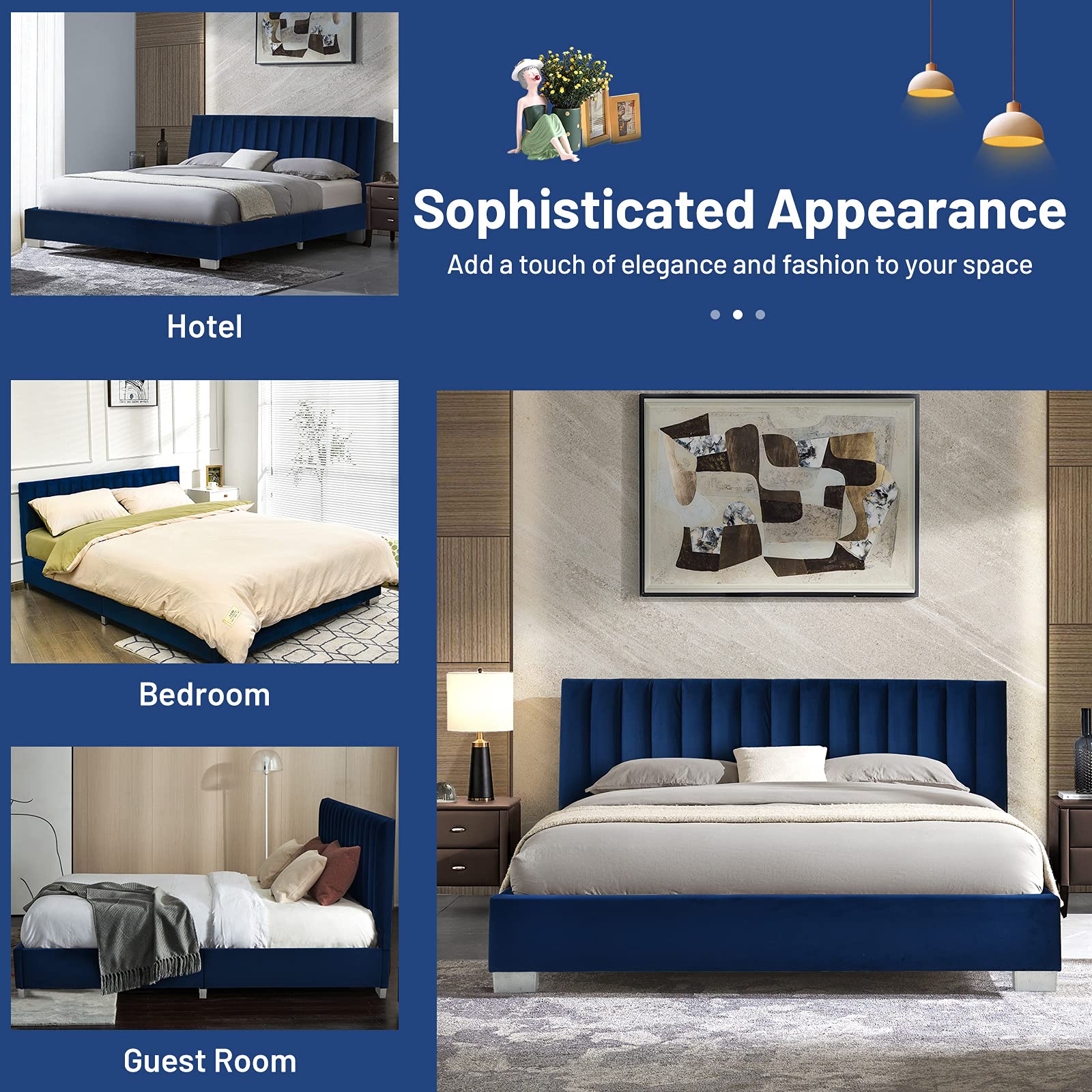 Upholstered Bed Frame with Headboard, Heavy Duty Wood Slats Support & Mattress Foundation
