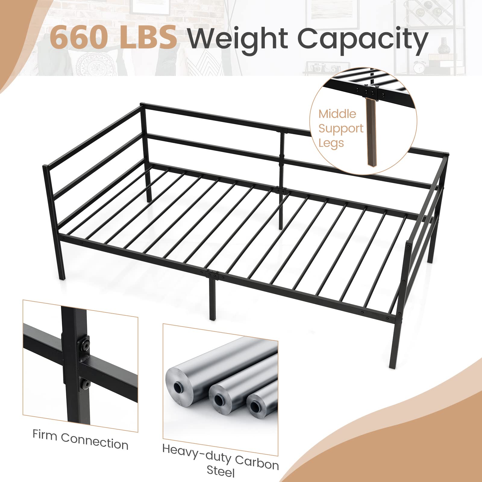 Twin Size Metal Daybed with Metal Slat Support & 3-Sided Guardrails